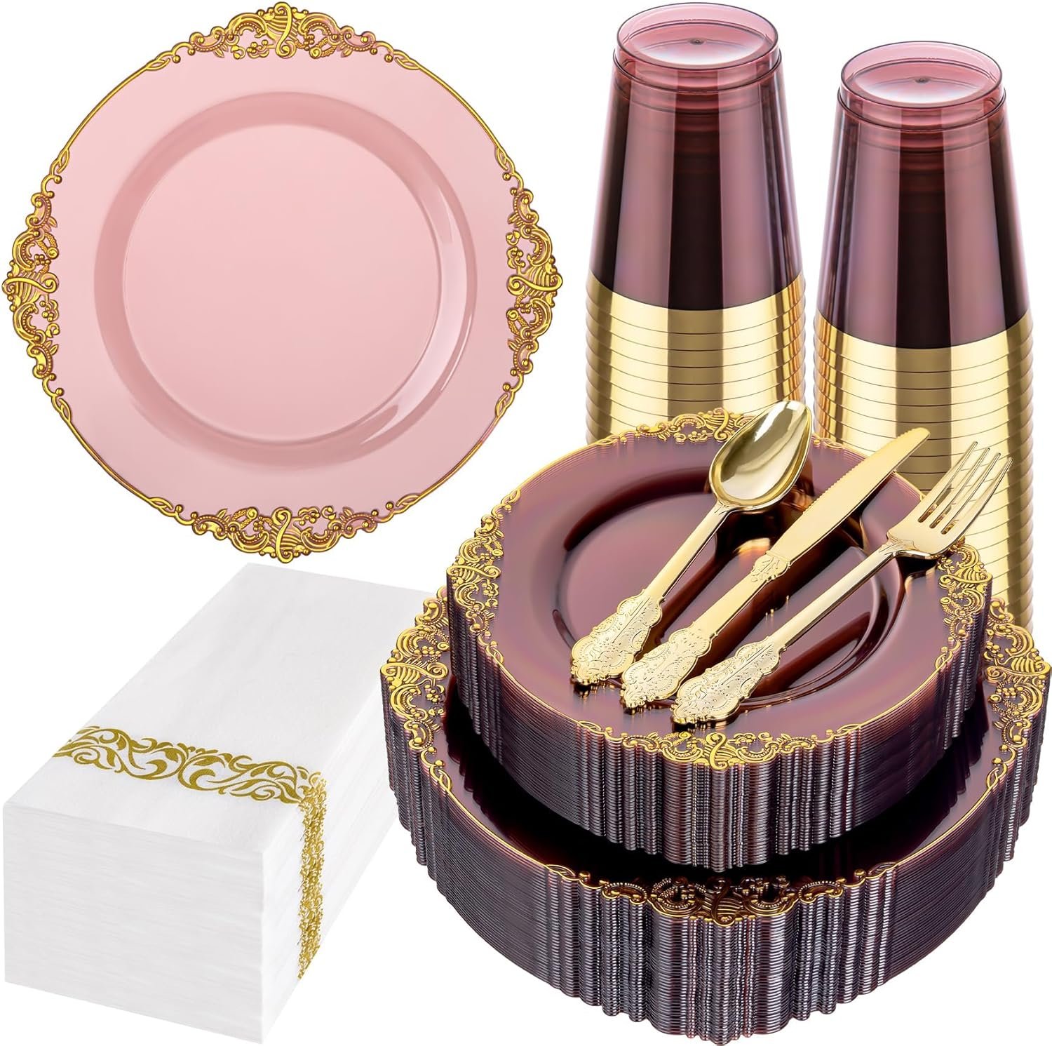 Wholesale 175pcs Burgundy Gold Party Plates for 25 Guests 50 Heavy-Duty Plates 20% Thicker 75 Cutlery 25 Napkins 25 Cups Supplier