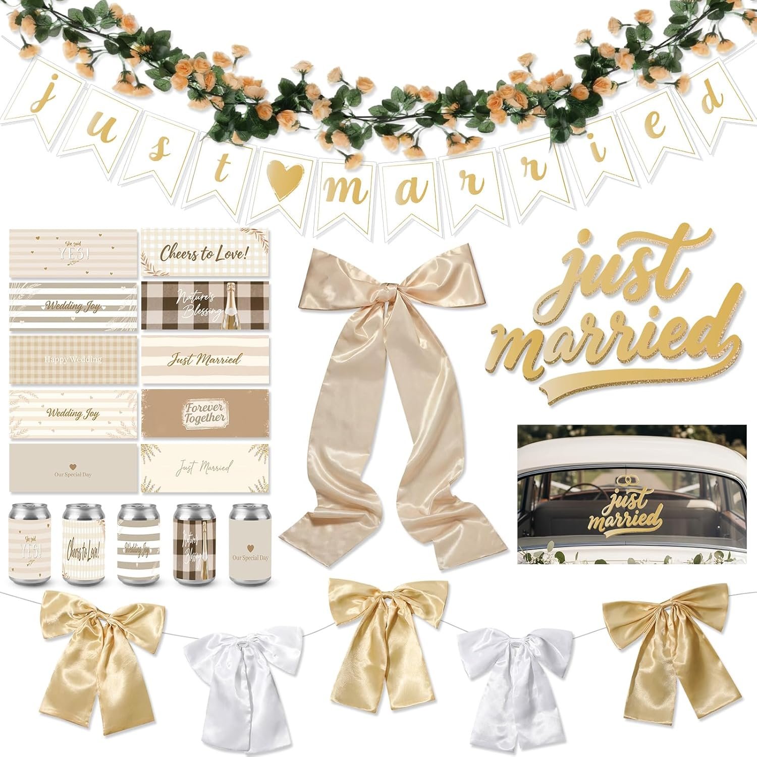 Wholesale 19 Pcs Just Married Car Decoration Wedding Banner Sticker Artificial Flower Window Decal Bow Wreath Ribbon Honeymoon Reception Ceremony Party Photo Prop Champagne Gold Supplier