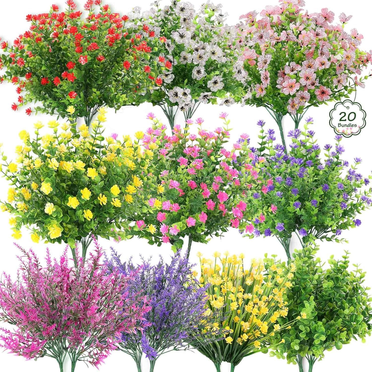Wholesale 20 Bundles UV Resistant No Fade Realistic Artificial Outdoor Flowers Fake Plastic Faux Shrubs for Garden Patio Porch Window Box Wedding Farmhouse Hanging Decor Supplier