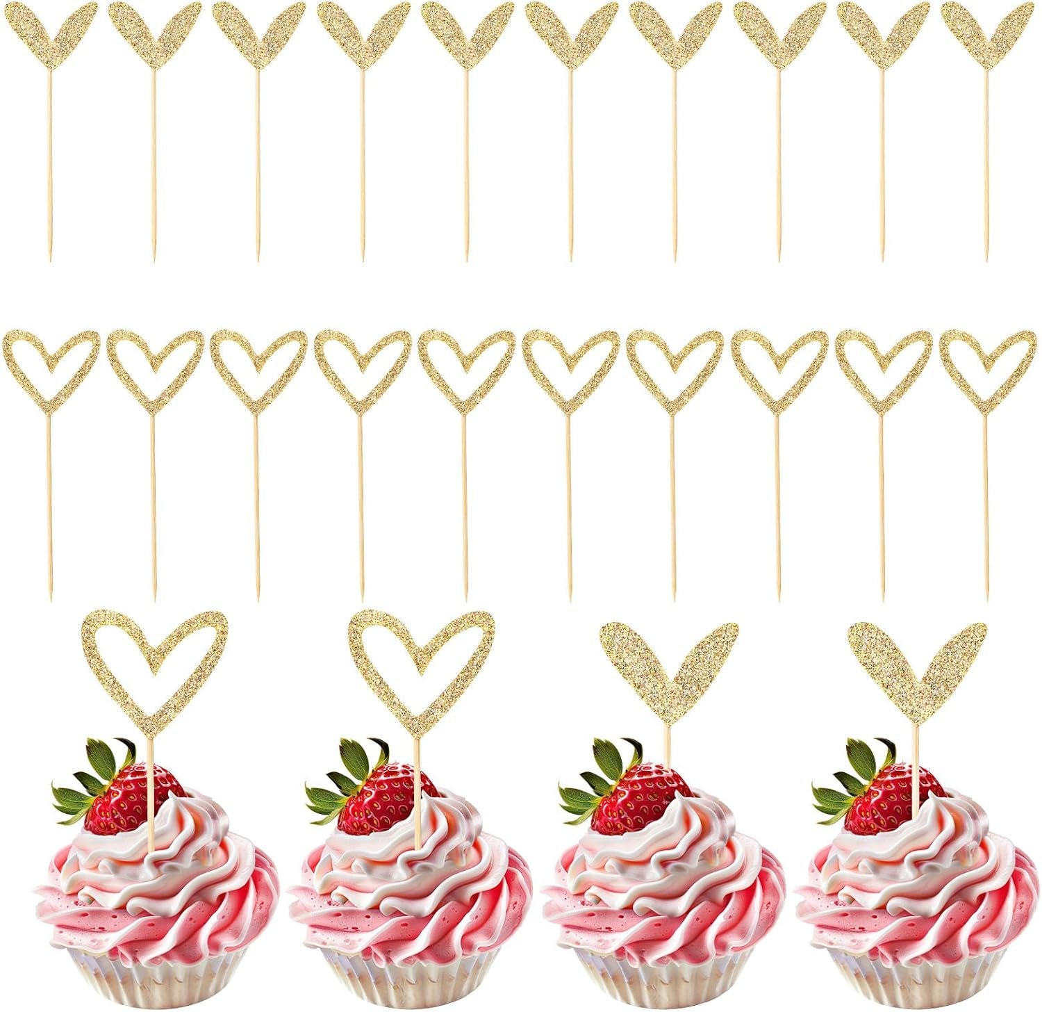 Wholesale 24 PCS Glitter Gold Love Heart Cupcake Toppers Sticks for Wedding Engagement Bridal Shower Valentine's Birthday Parties 2 Styles Supplier