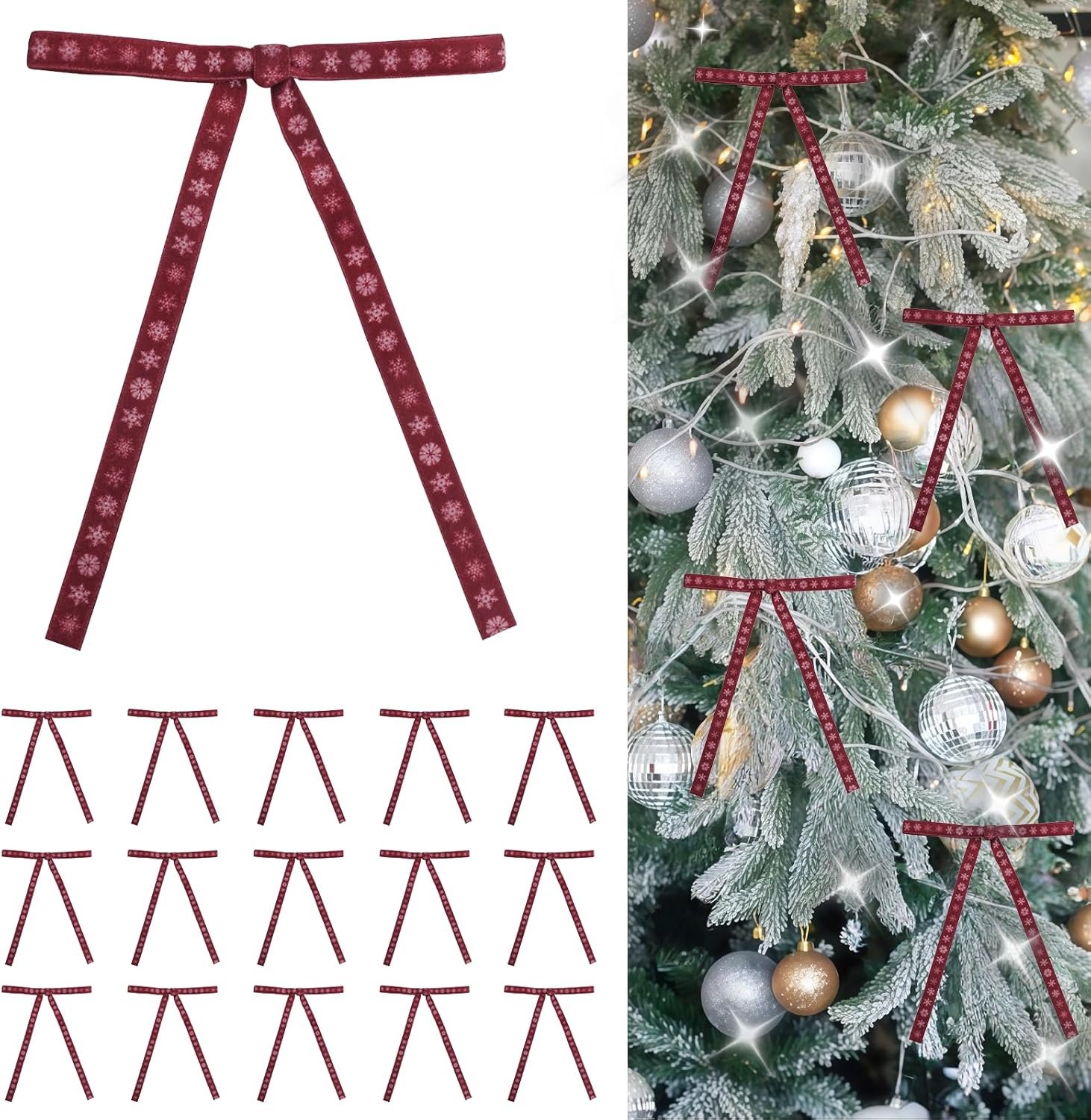 Wholesale 24 Pack Velvet Christmas Bows Premium Premade Wired Ribbon Burgundy Snowflakes for Tree Wreath Decor Vintage Elegant Holiday Decorations Supplier