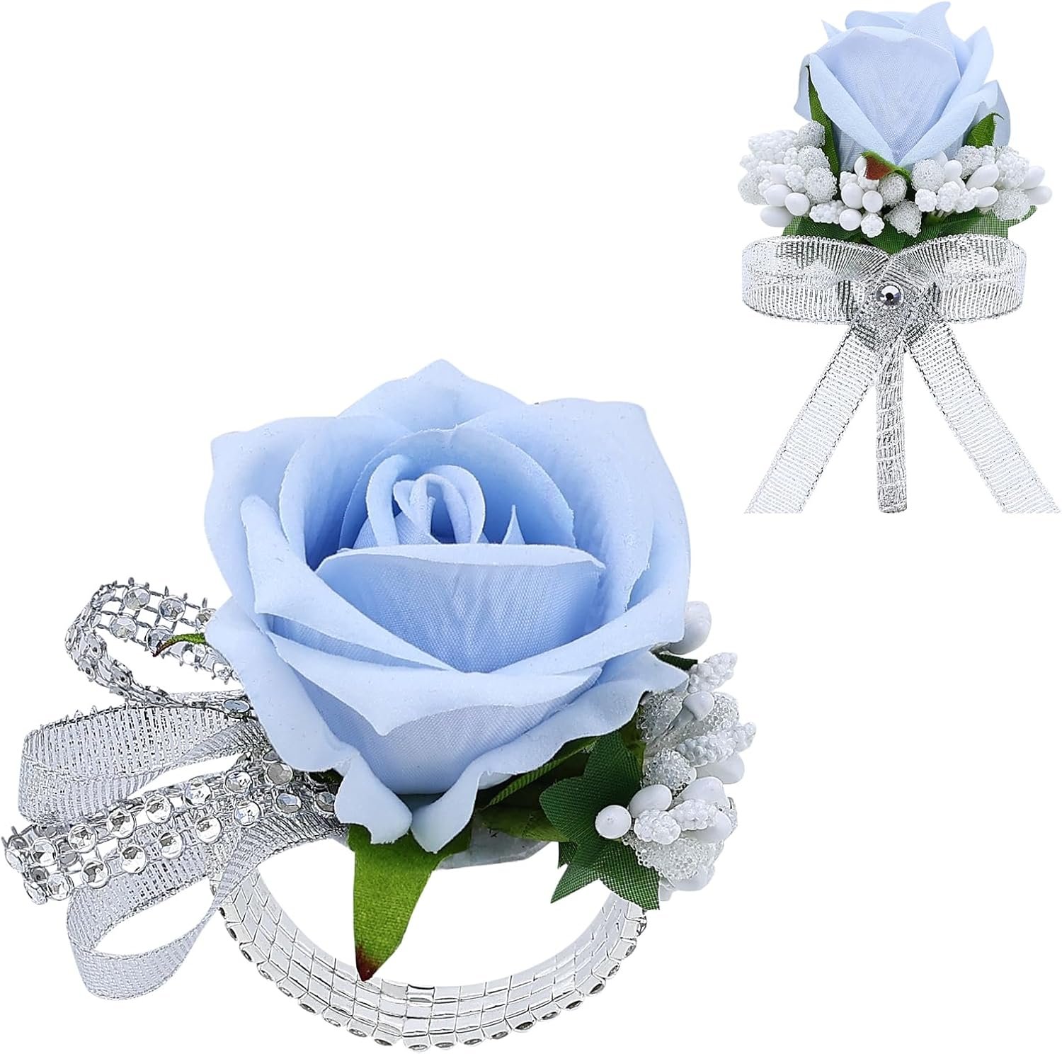 Wholesale 2Pcs Light Blue Rose Corsage Boutonniere Set Artificial Wrist Corsage Wristlet Bracelets Mens Boutonniere Wedding Party Homecoming Prom Formal Dinner Flowers Accessories Supplier