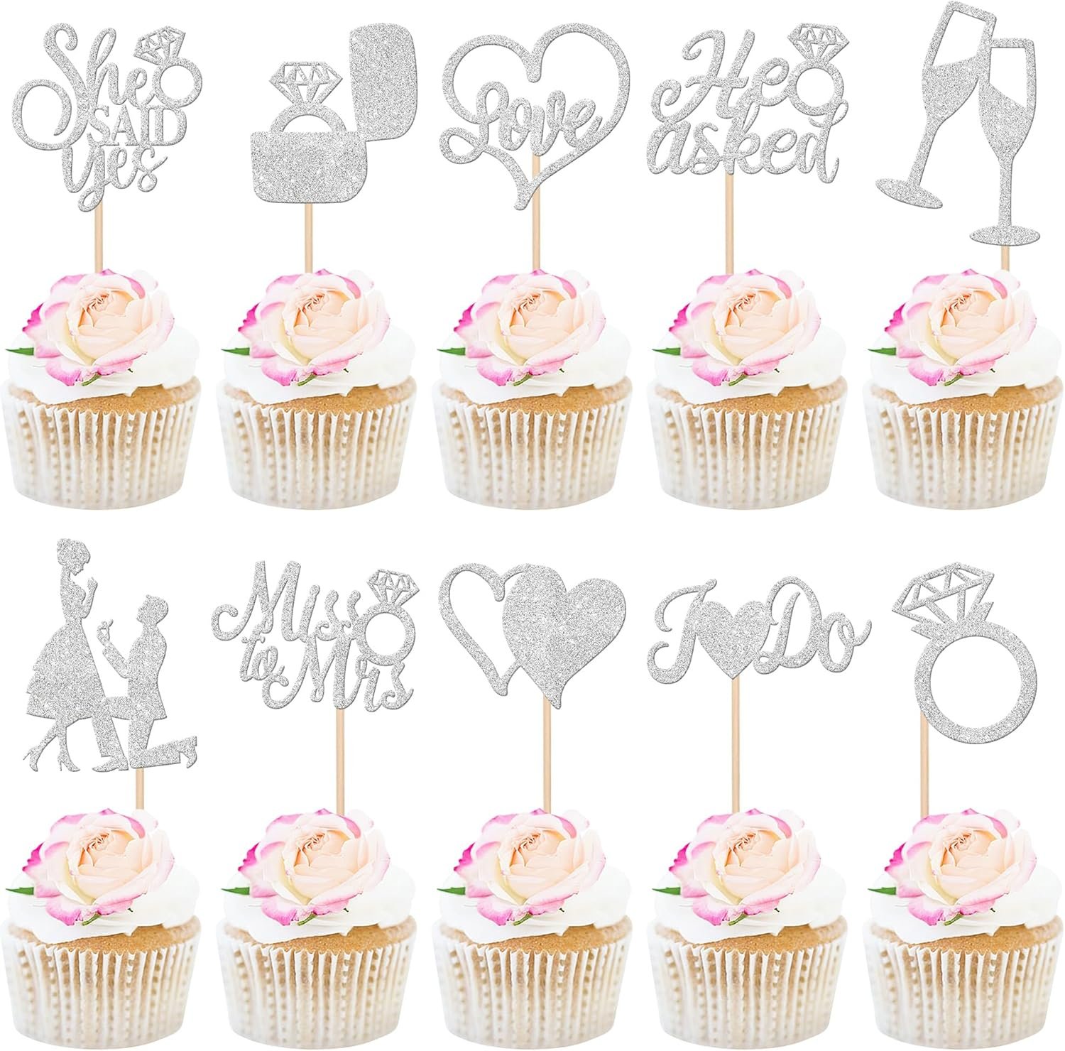 Wholesale 30 PCS He Asked She Said Yes Engagement Cupcake Toppers Miss to Mrs I Do Love Heart Ring Cupcake Picks Wedding Party Cake Decorations Silver Supplier