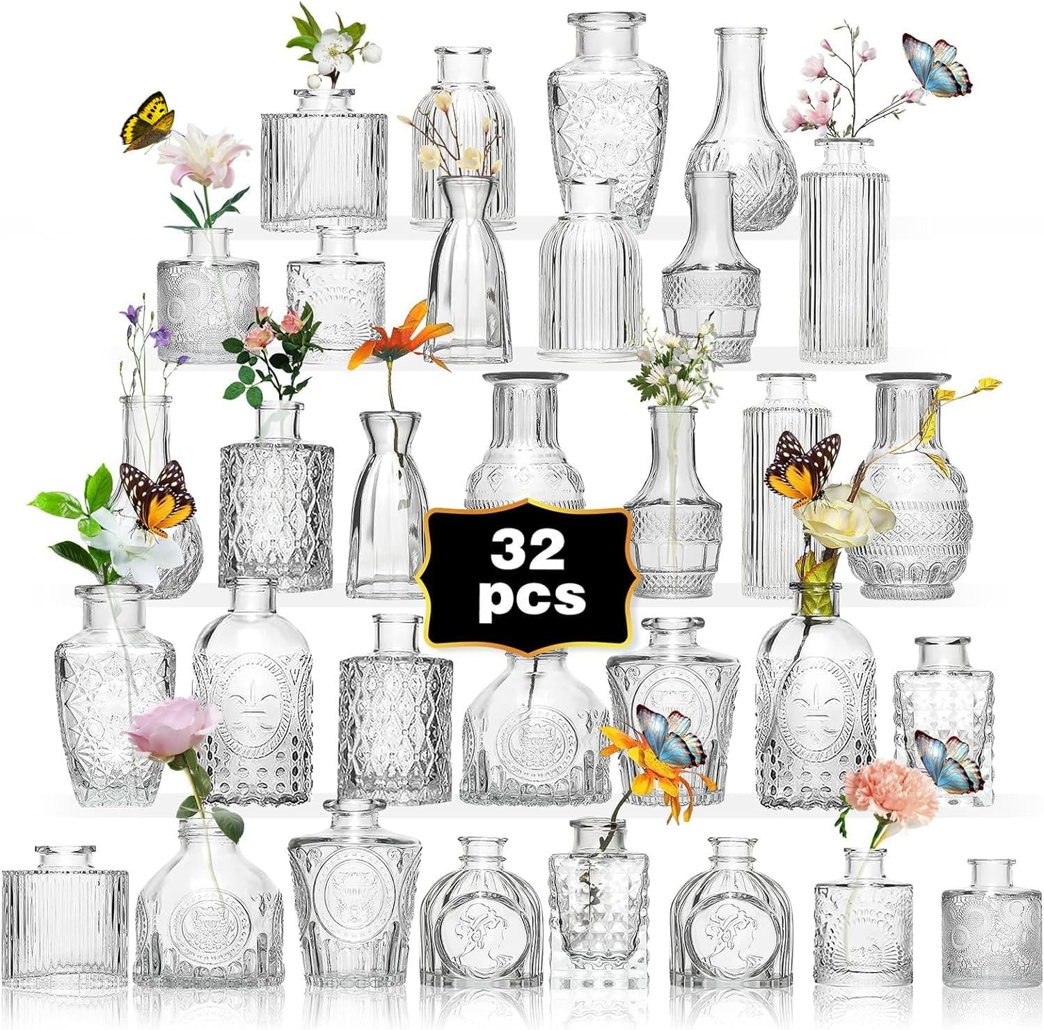 Wholesale 32PCS Clear Glass Bud Vase Set Mini Small Flower Vases Wedding Table Centerpieces Birthday Party Anniversary Baby Shower Supplier