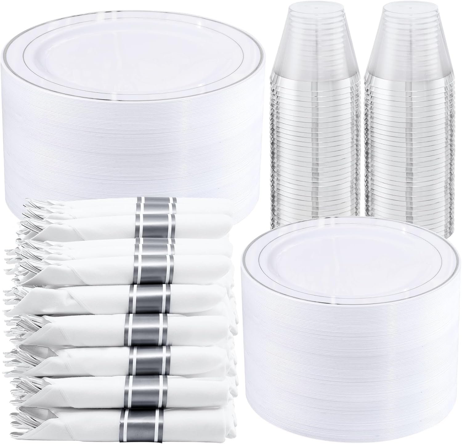 Wholesale 350-Piece Silver Plastic Disposable Dinnerware Set 10.25