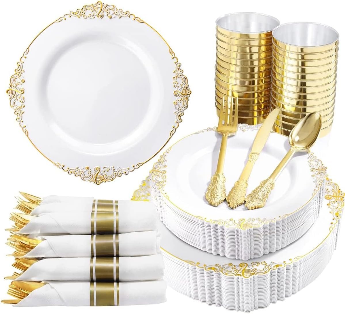 Wholesale 350PCS Gold Plastic Dinnerware Sets for 50 Guests - 100 Plates 150 Silverware 50 Cups 50 Napkins Wedding Party Supplier