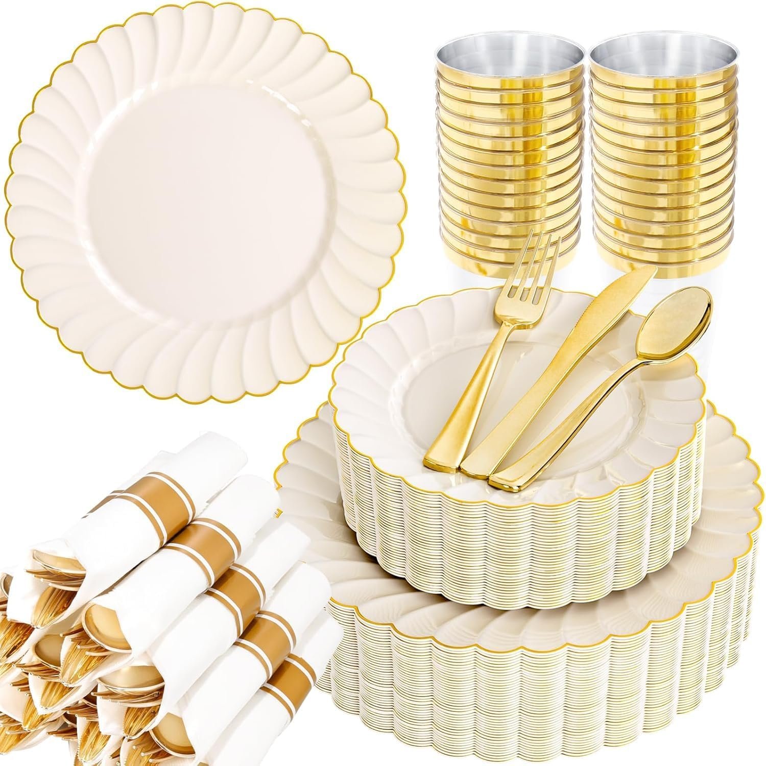 Wholesale 350PCS Ivory Scalloped Plastic Plates Ivory Gold Disposable Dinnerware Set 100 Plates 150 Gold Silverware 50 Cups 50 Napkins Wedding Party Supplier