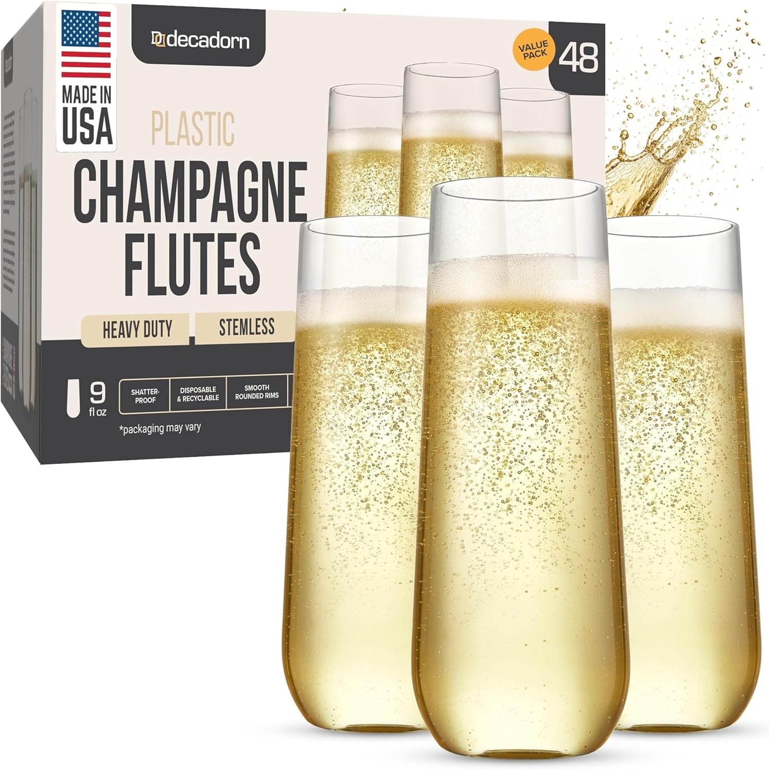 Wholesale 48 Pack 9oz Clear Stemless Plastic Champagne Flutes Shatterproof Durable Mimosa Glasses Recyclable BPA-Free Smooth Rims Supplier