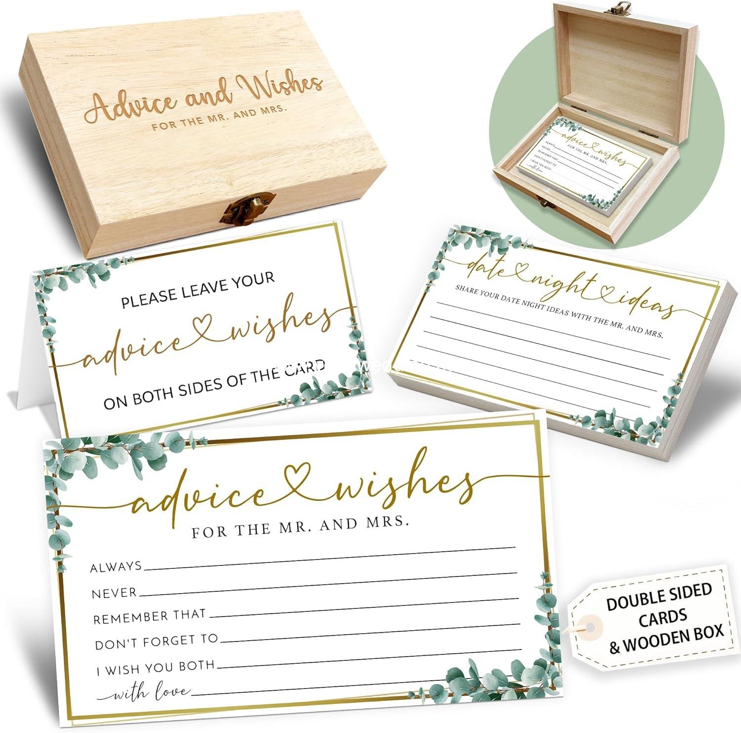 Wholesale 50 Packs Eucalyptus Advice and Wishes for Mr and Mrs Wedding Cards Bridal Shower Game with Box Reception Guest Book for Bride Groom Newlywed Engagement Party Decoration Supplier