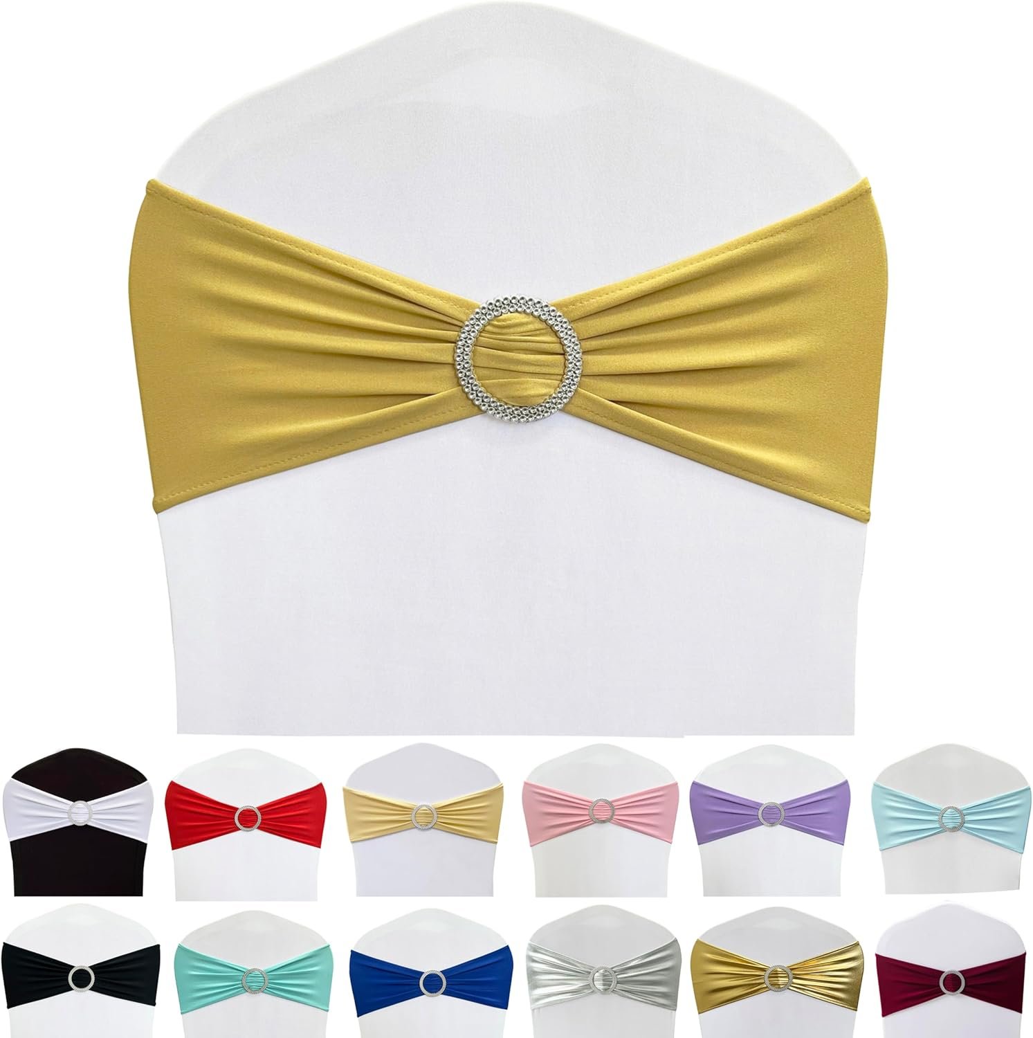 Wholesale 50PCS Spandex Stretch Chair Sashes Ties Bows with Buckle Slider for Wedding Party Banquet Decoration Gold Supplier