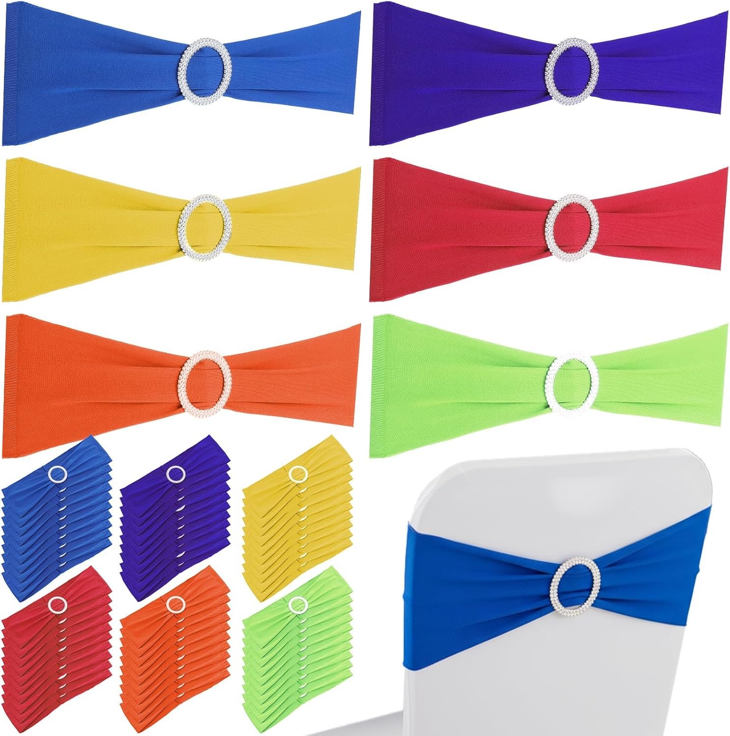 Wholesale 60 PCS Stretch Spandex Chair Sashes Bows Bands with Buckle Wedding Party Baby Shower Banquet Decor Supplier