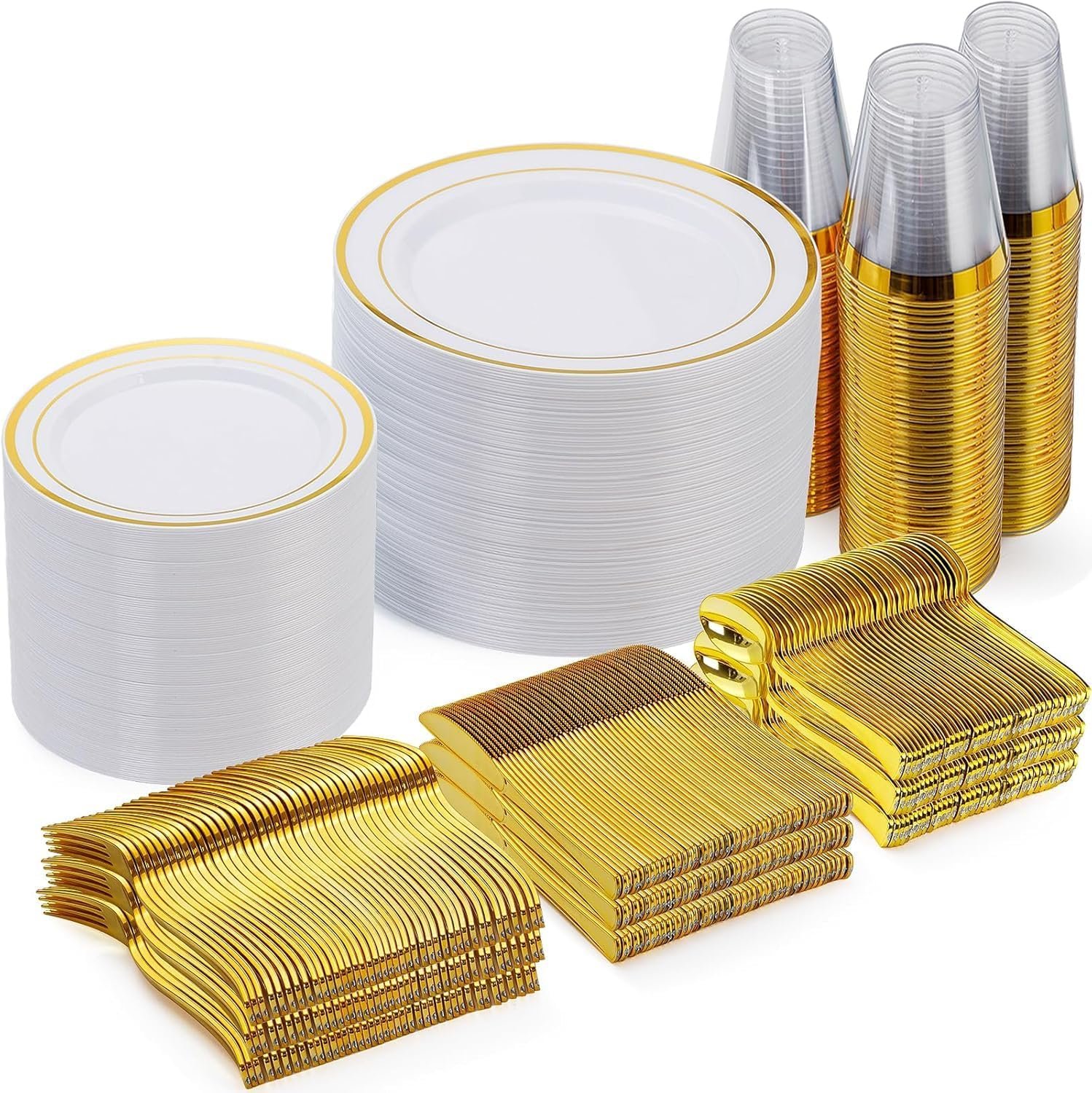 Wholesale 600 Pieces Gold Plastic Disposable Party Plates Dinnerware Set for 100 Guests 100 Dinner 100 Dessert Plates 100 Spoons 100 Forks 100 Knives 100 Cups Supplier