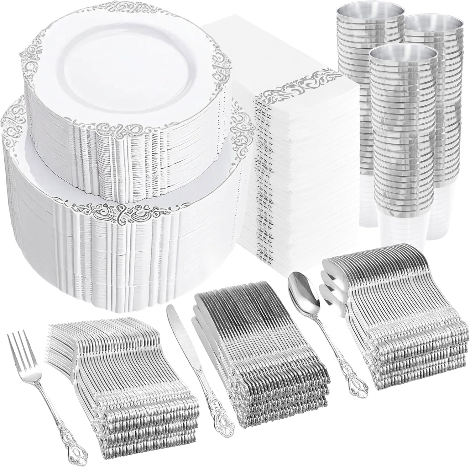 Wholesale 700PCS Silver White Disposable Plastic Plates Dinnerware Set 200 Plates 300 Heavy Duty Silverware 100 Cups 100 Napkins Wedding Party Supplier