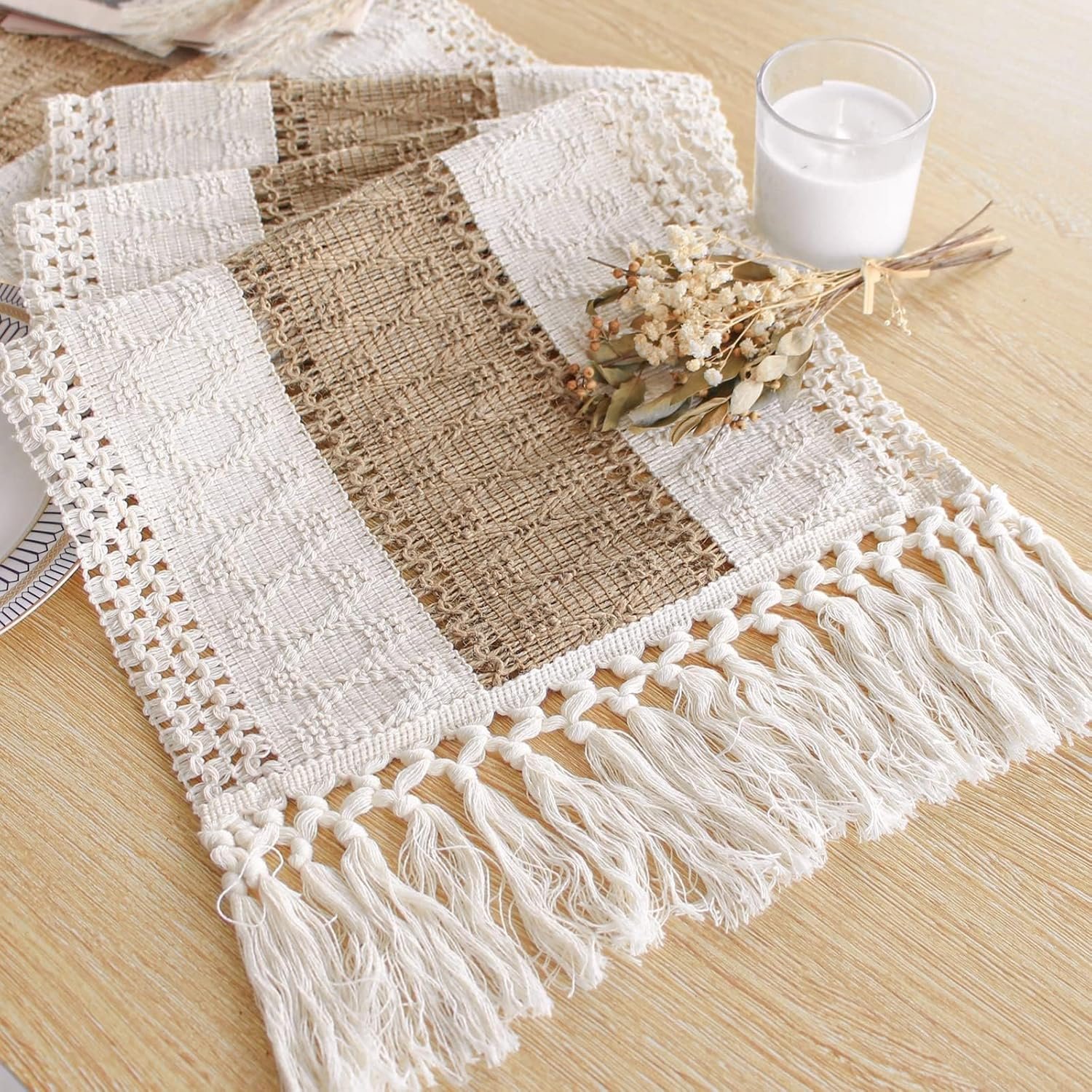 Wholesale Boho Tassels Table Runner 12x72 Inches Macrame Burlap for Thanksgiving Fall Christmas Farmhouse Rustic Home Decor 72 Inches Long Supplier