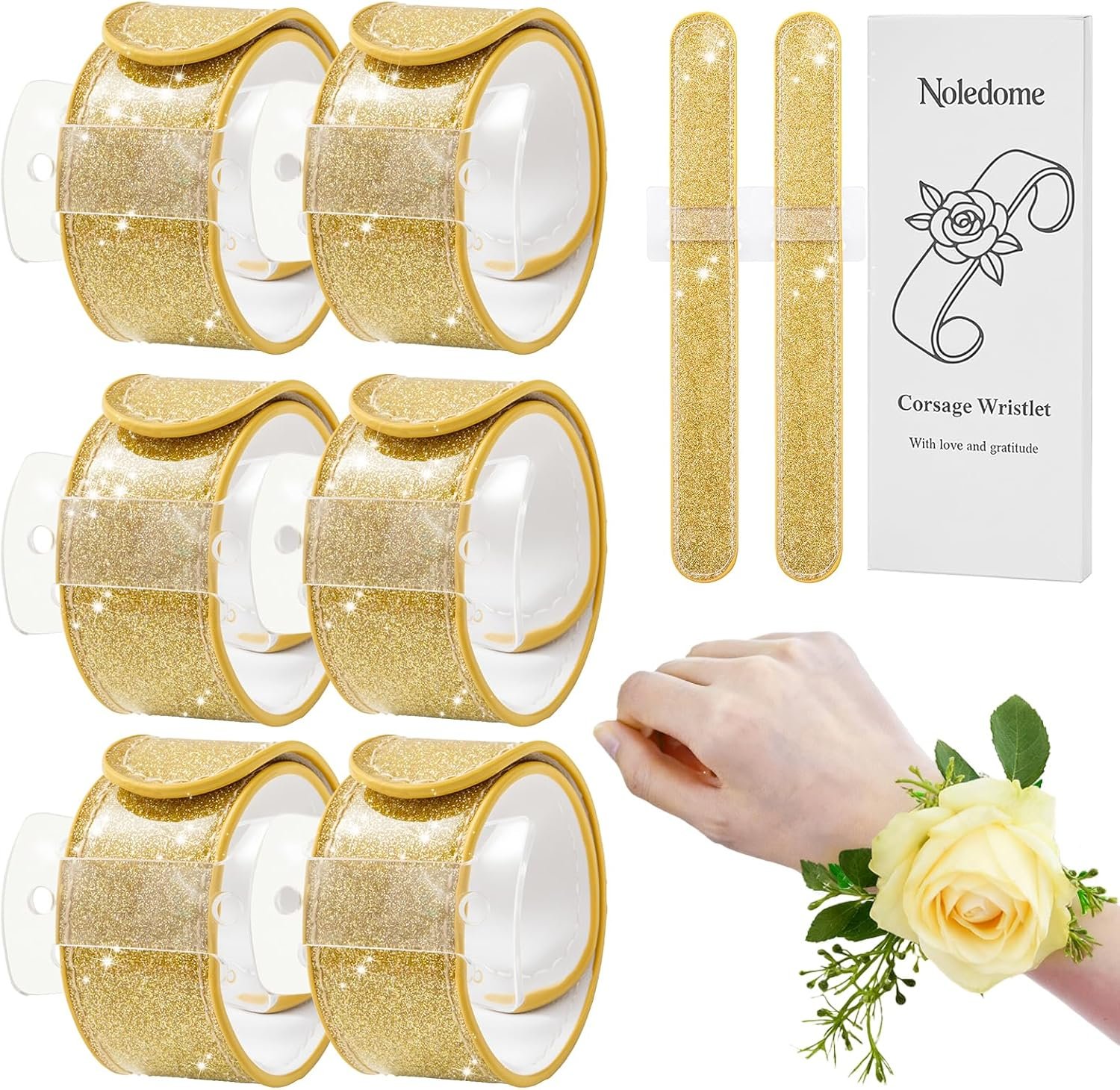 Wholesale Corsage Wristlet Set of 6 Gold Slap Bracelet Bands with Acrylic Base Comfortable for DIY Crafting Elegant for Wedding Prom Party Photoshoot No Flowers Included Supplier