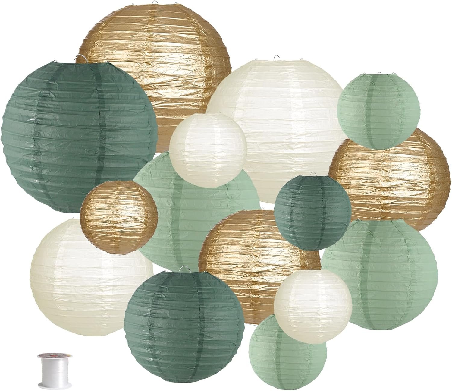 Wholesale Decorative Round Hanging Paper Lanterns Sage Green Gold Ivory 15pcs Wedding Bridal Shower Birthday Party Supplies Supplier