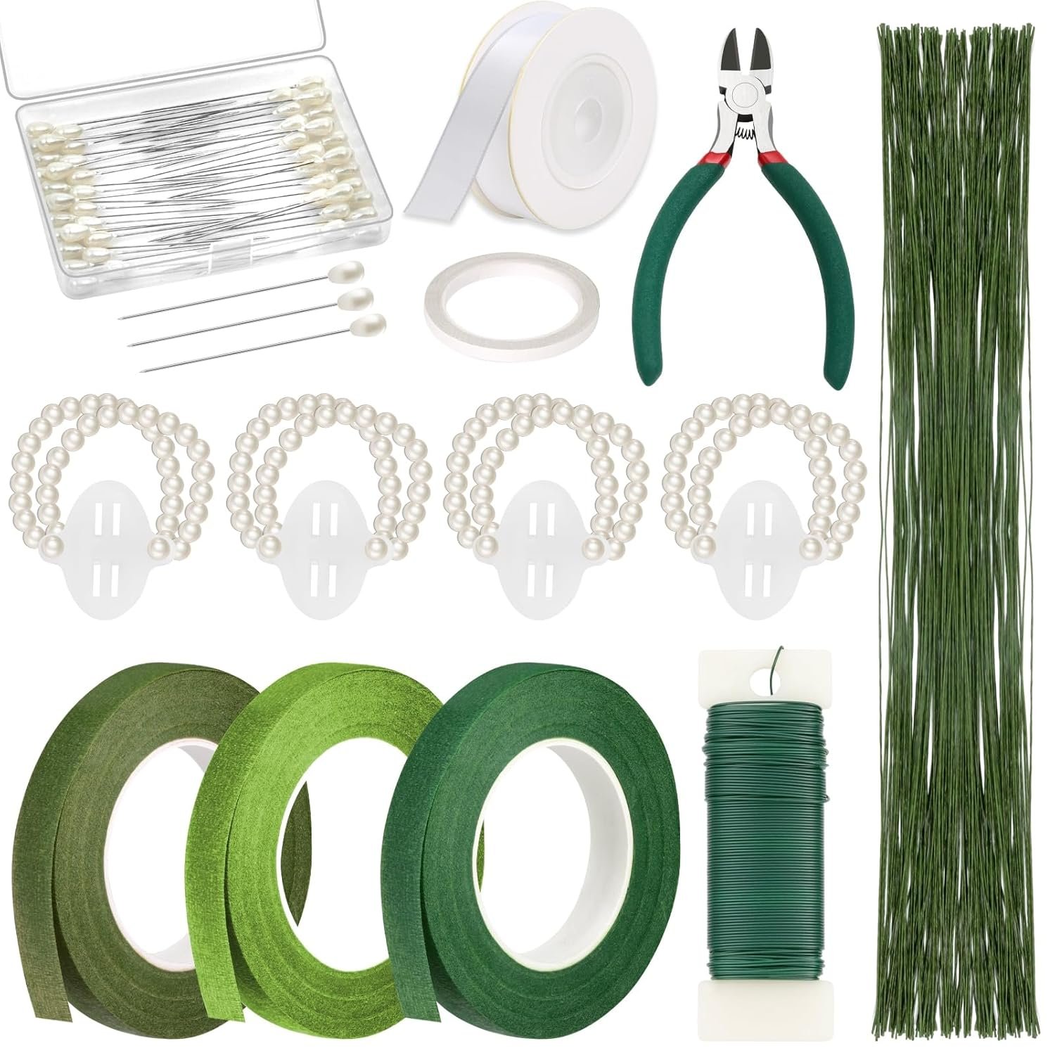 Wholesale Floral Tape Floral Wire Arrangement Tool Kit Green Tape Wire Boutonniere Flower Pins Cutter White Ribbon Elastic Pearl Wrist Corsage Bands for Bouquets Supplier