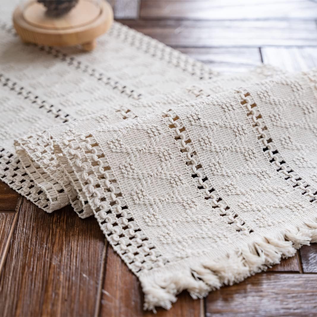 Wholesale Macrame Table Runner Cream Beige Boho with Tassels Hand Woven Cotton Rustic Farmhouse for Bohemian Kitchen Dining (12x71in) Supplier