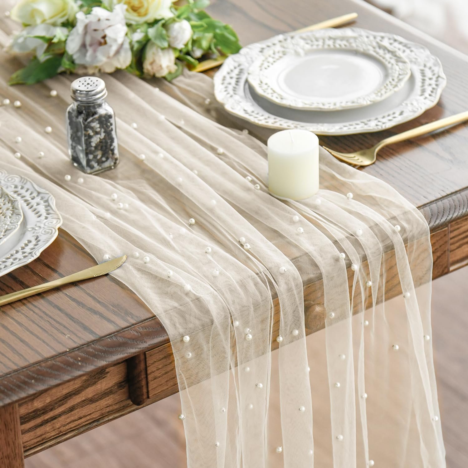 Wholesale Pearl Beige Gauze Table Runner 120 Inch 10FT Seasonal Sheer Dining Holiday Wedding Birthday Baby Shower Home Party Decor Supplier
