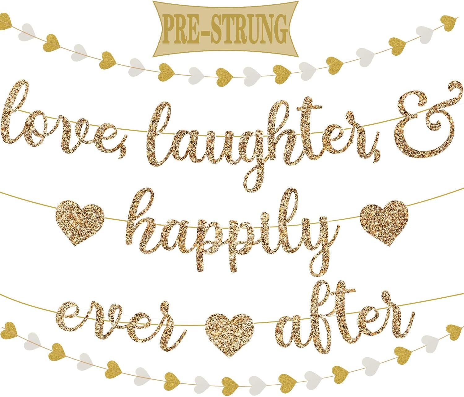 Wholesale Pre-Strung Love Laughter & Happily Ever After Gold Glitter Banner with 13FT Heart Streamers Garland for Wedding Bridal Shower Bachelorette Engagement Decor Supplier