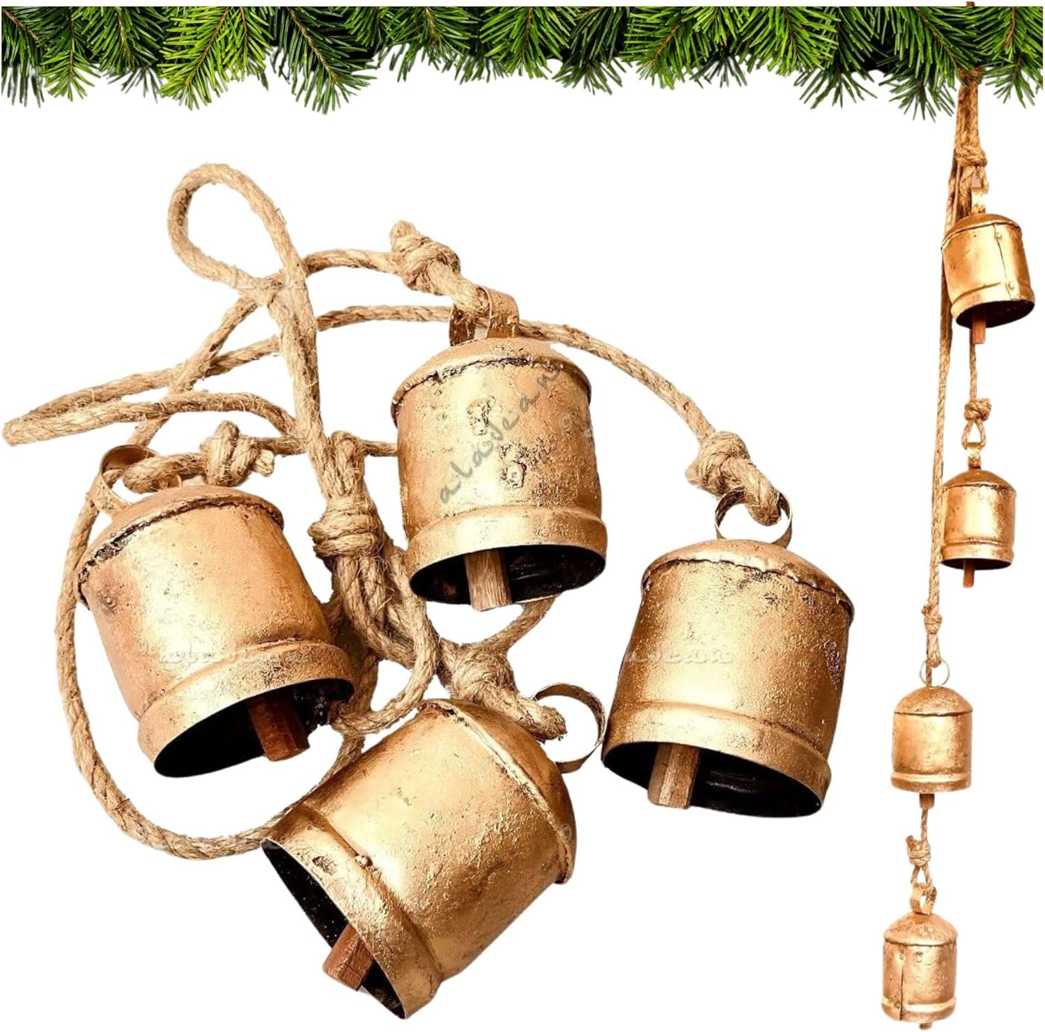 Wholesale Rustic Decorative 4-Bell Cluster Cow Bells Shabby Chic Vintage Brass Coated Jute Rope Hanging Gold Christmas Bells (4pc 10cm) Supplier