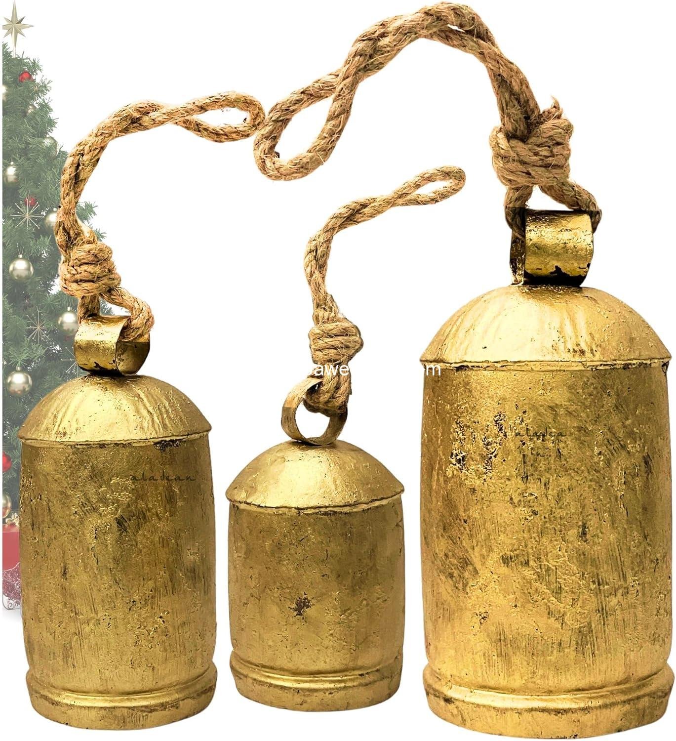 Wholesale Set of 3 Large Decorative Cow Bells Vintage Giant Harmony Christmas Rustic Hanging on Jute Rope XL Lucky Golden (4 Wholesale Set of 3 Large Decorative Cow Bells Vintage Giant Harmony Christmas Rustic Hanging on Jute Rope XL Lucky Golden (4