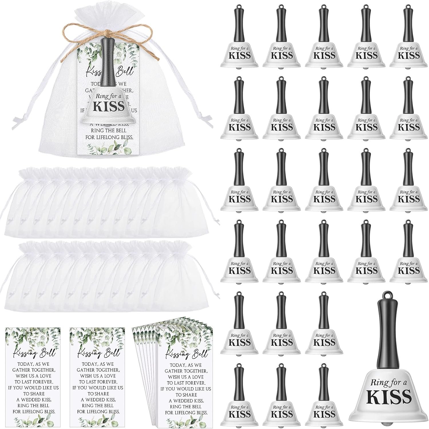 Wholesale Wedding Kissing Bells Bulk Party Favors Ring for Kiss with Greenery Cards Organza Bags Jute Rope Mini Bells Reception Goody Bags 60 Sets Supplier