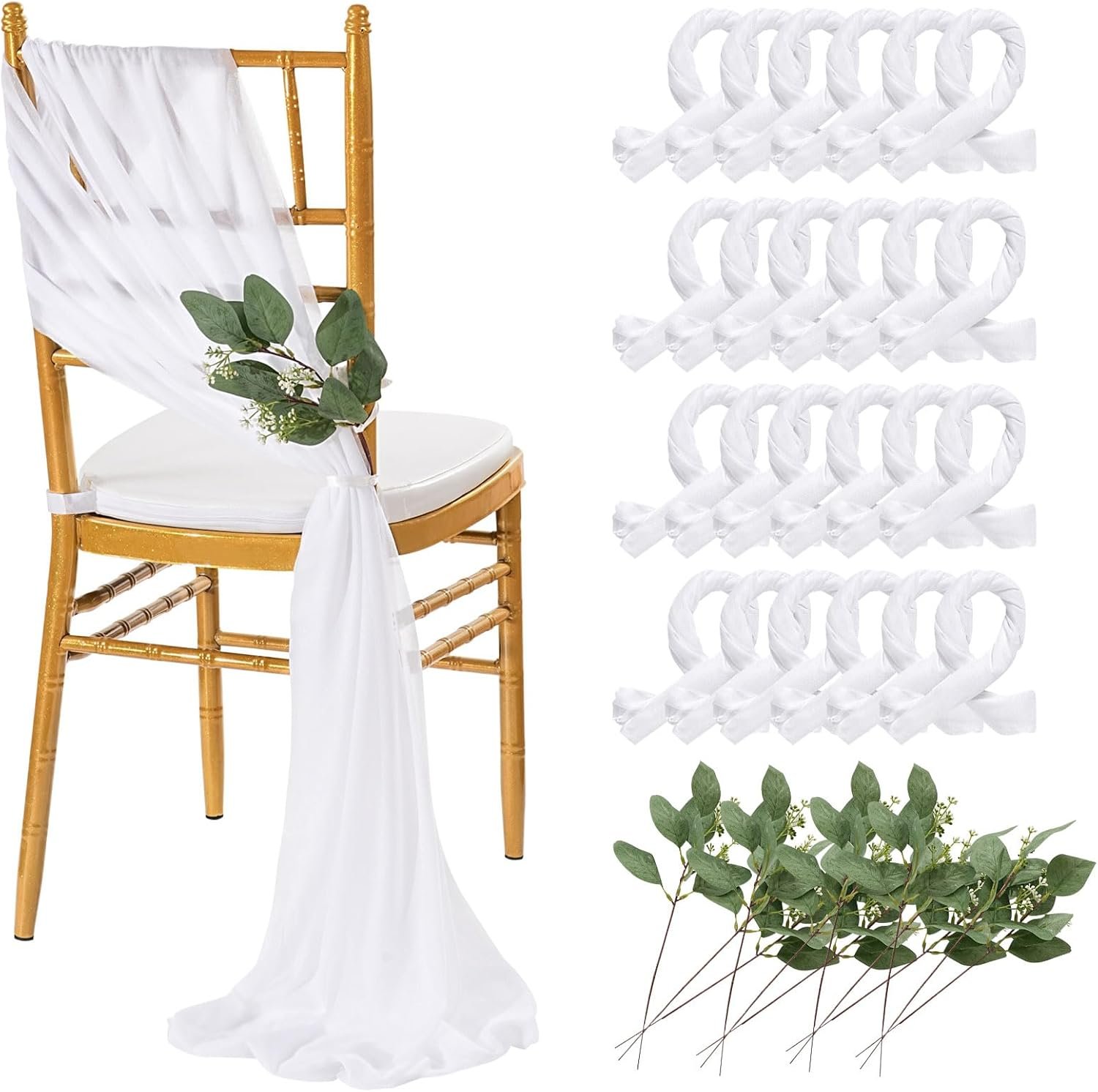 Wholesale White Chair Sashes Wedding Aisle Decorations 24 Packs 8ft Long Sheer Draping Fabric Church Chair Covers Bulk for Party Banquet Supplier
