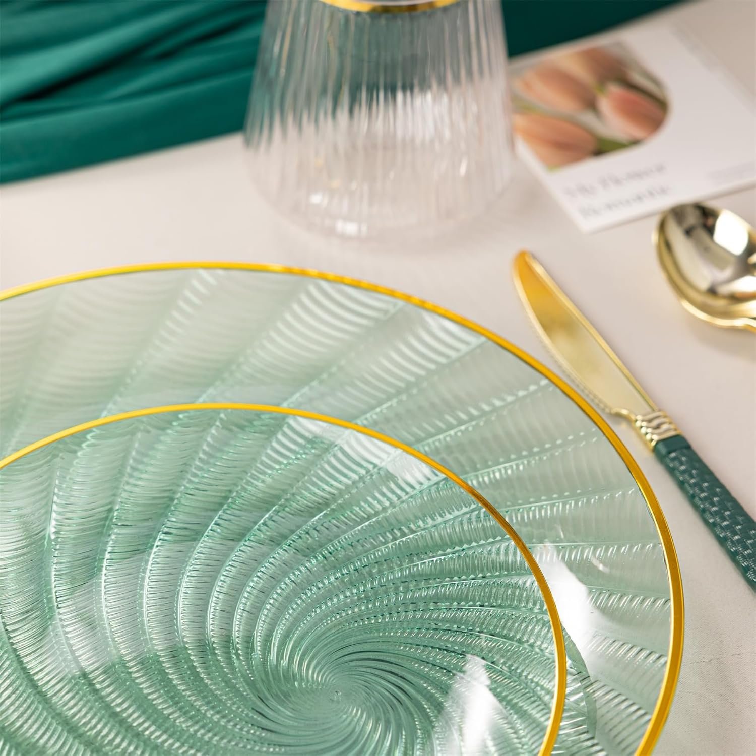 Wholesale 60PCS Heavy Duty Disposable Green Plastic Plates Gold Rim Spiral Design 30 Dinner 30 Dessert for Party Wedding Birthday Translucent Green Supplier