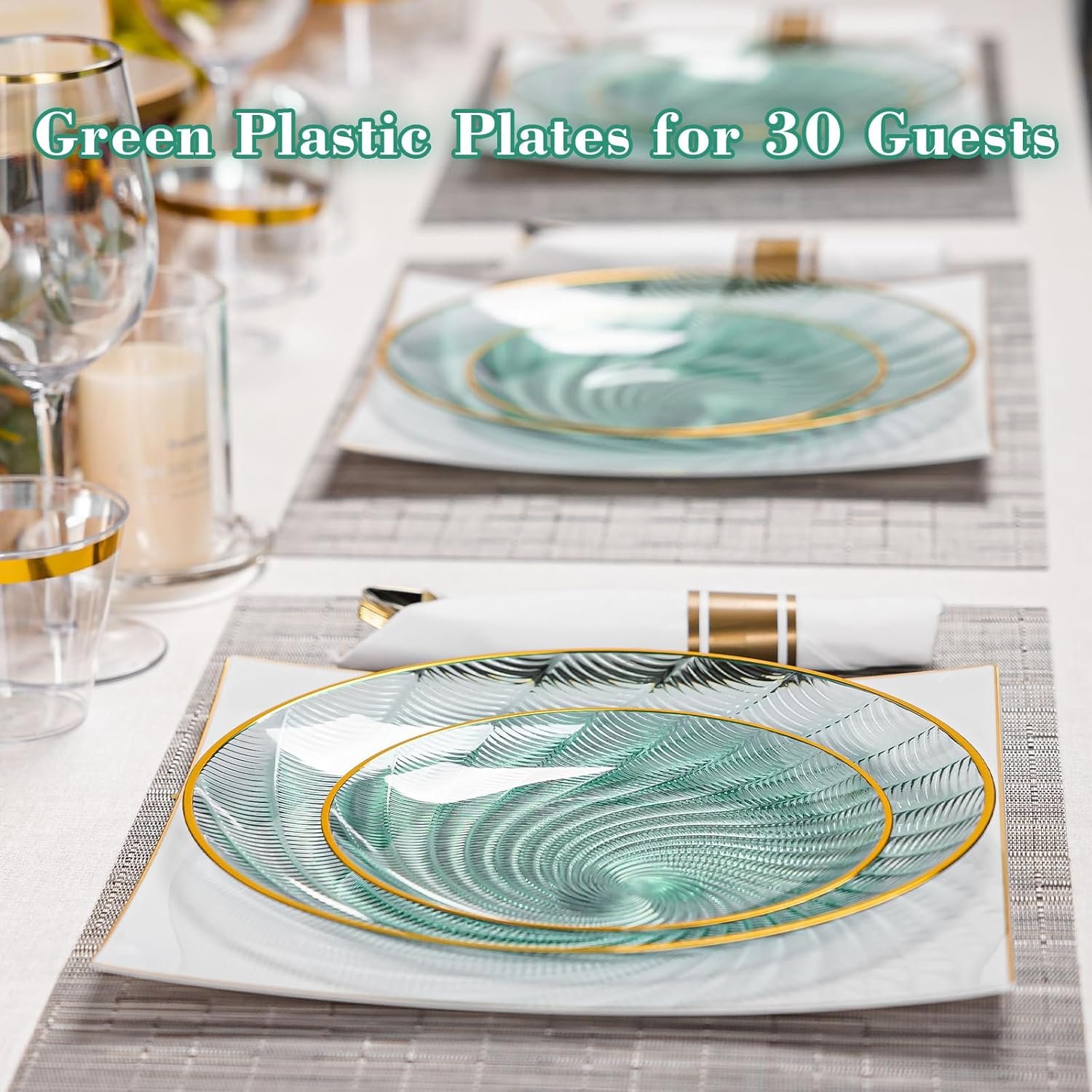 Wholesale 60PCS Heavy Duty Disposable Green Plastic Plates Gold Rim Spiral Design 30 Dinner 30 Dessert for Party Wedding Birthday Translucent Green Supplier