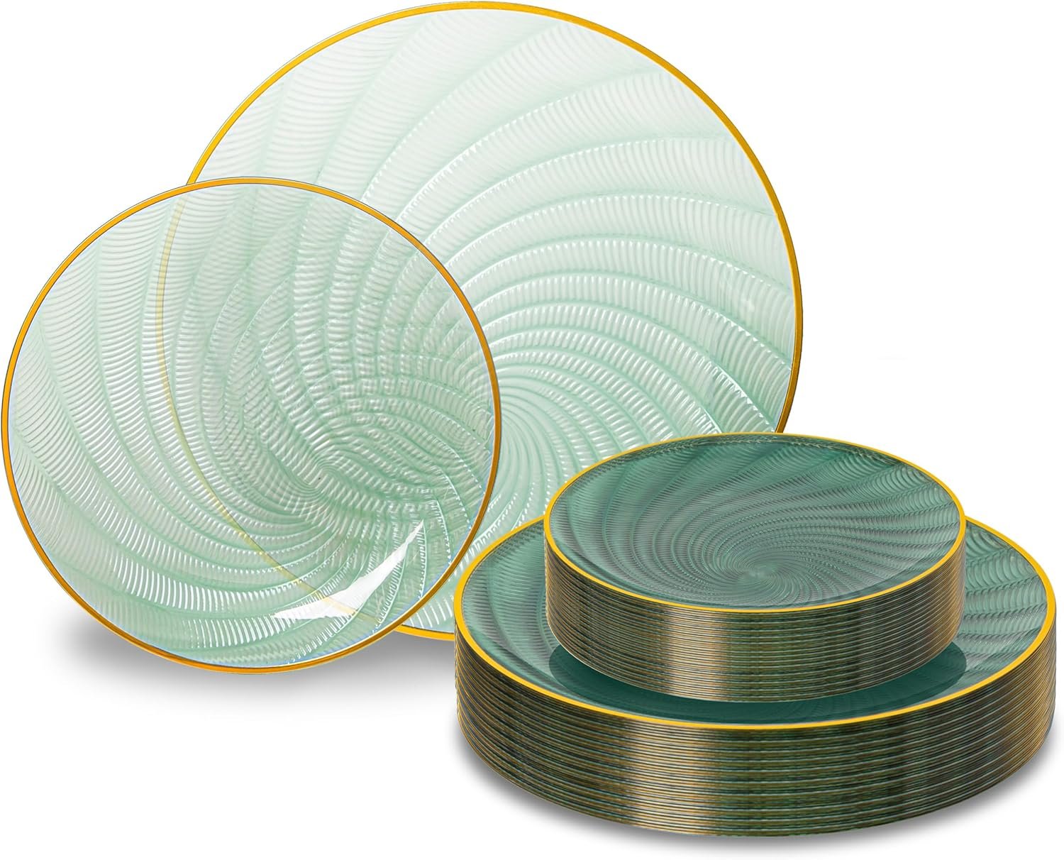 N9R 60PCS Green Plastic Plates for Party, Heavy Duty Disposable Plate with Gold Rim, Elegant Spiral Design 30 Dinner & 30 Dessert Plates for Wedding, Birthday(Translucent Green)