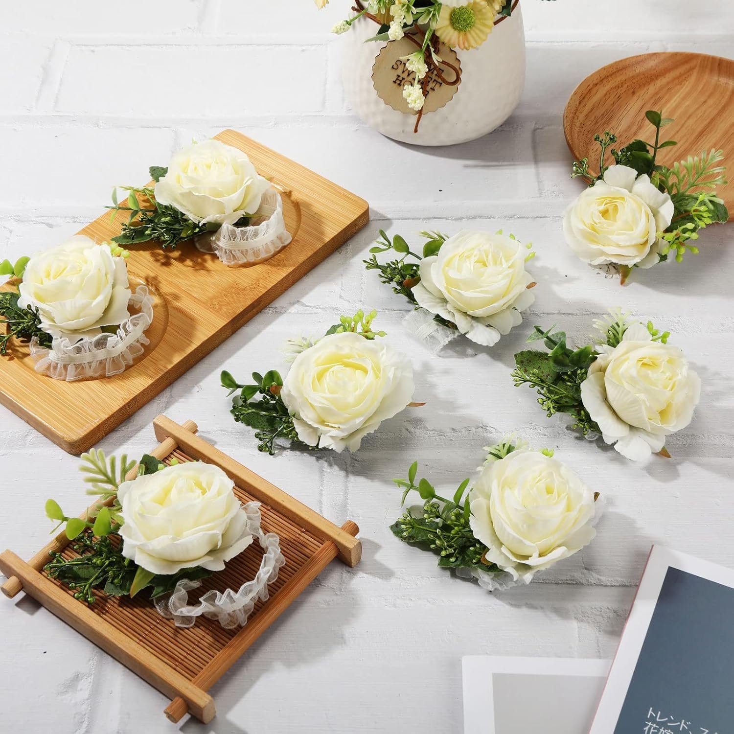 Wholesale Wedding Rose Wrist Corsage Wristlet Bands Bridesmaid Bridal Artificial Flower Bracelets Party Prom Homecoming Decor White 24 Pcs Supplier