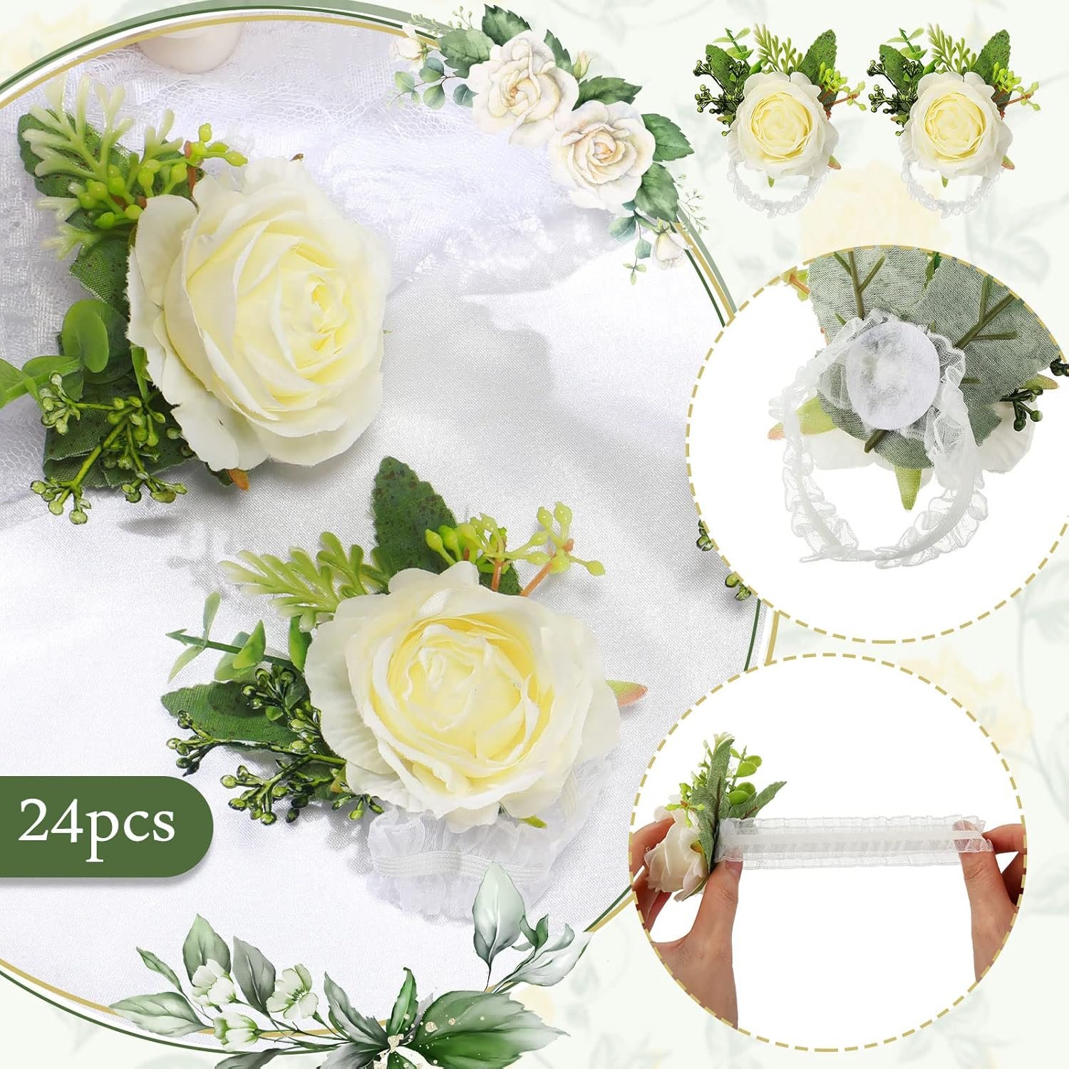 Wholesale Wedding Rose Wrist Corsage Wristlet Bands Bridesmaid Bridal Artificial Flower Bracelets Party Prom Homecoming Decor White 24 Pcs Supplier