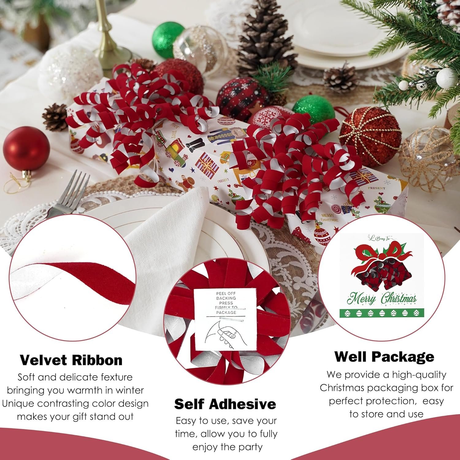 Wholesale 6 Inch x 12 Counts Red Velvet Curly Ribbon Bows with White Backing Self Adhesive for Gift Wrapping Wedding Baby Shower Valentine Presents Baskets Wine Bottles Treat Bags Supplier