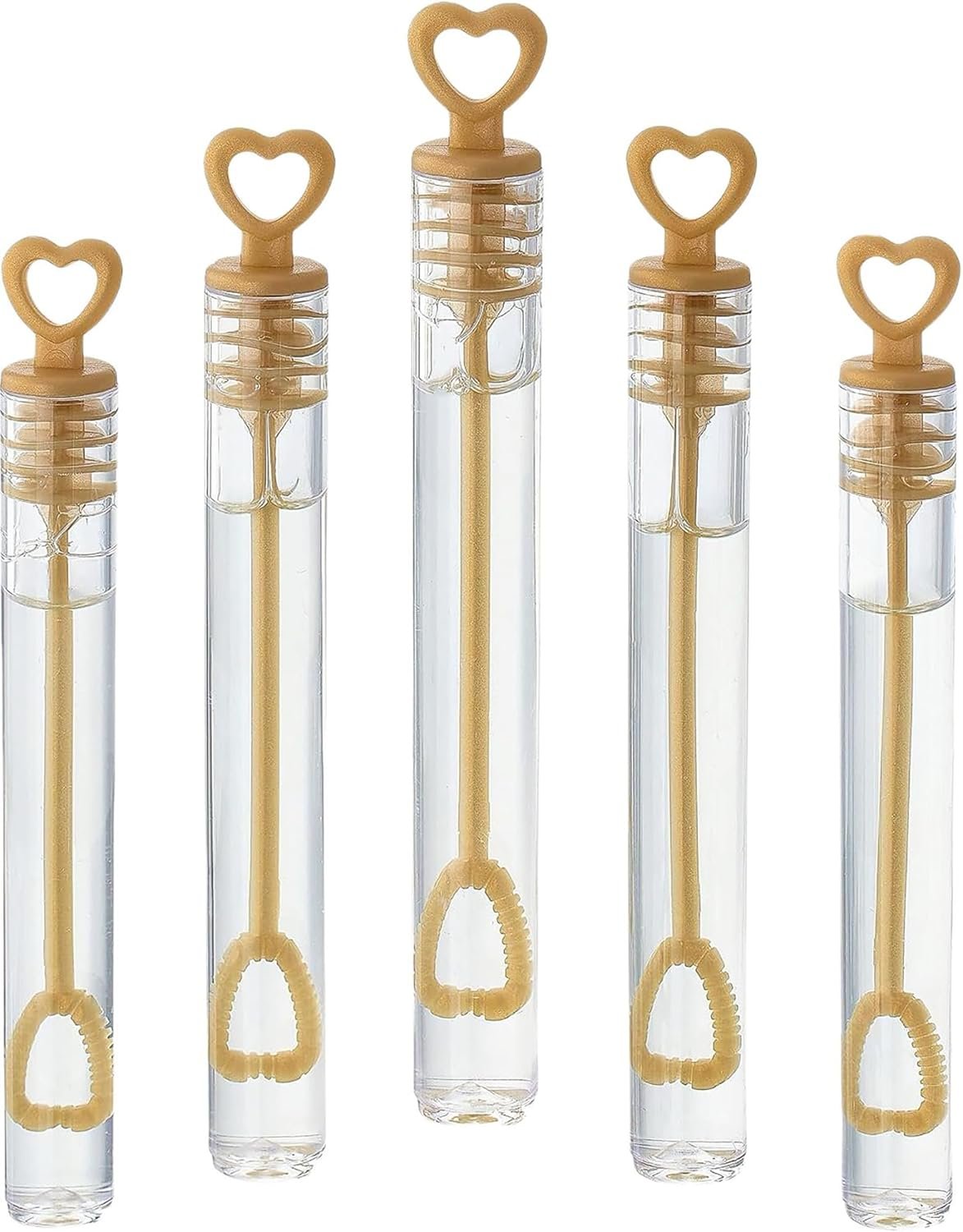 GIFTEXPRESS Bubble Wands Party Favors - 96 Pack Mini 4.25" Tall Gold Color Heart Bubble Sticks - 0.2 Fl Oz / 5 mL Tube of Non Toxic Bubbles Solution for Kids