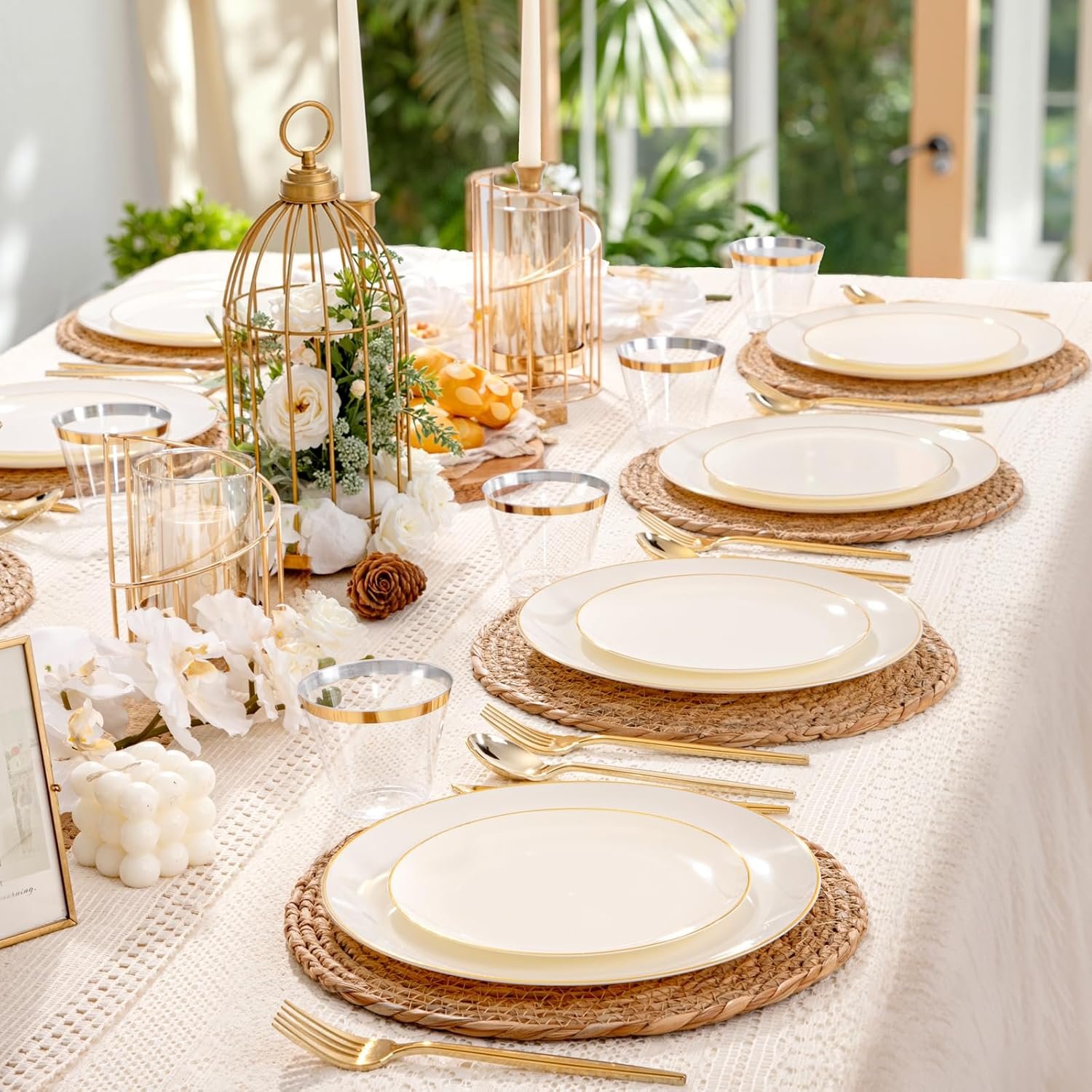 Wholesale 150PCS Ivory Plastic Plates Gold Trim Heavy Duty Disposable Party Wedding Set 25 Each Dinner Dessert Plates Knives Forks Spoons Cups Supplier Wholesale 150PCS Ivory Plastic Plates Gold Trim Heavy Duty Disposable Party Wedding Set 25 Each Dinner Dessert Plates Knives Forks Spoons Cups Supplier