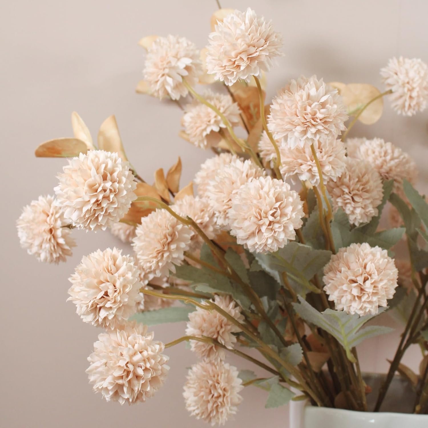 Wholesale Beige Silk Mum Artificial Flowers 10 Long Stems with Eucalyptus Faux Chrysanthemum Pom Pom Floral Arrangement Vase Centerpiece Supplier