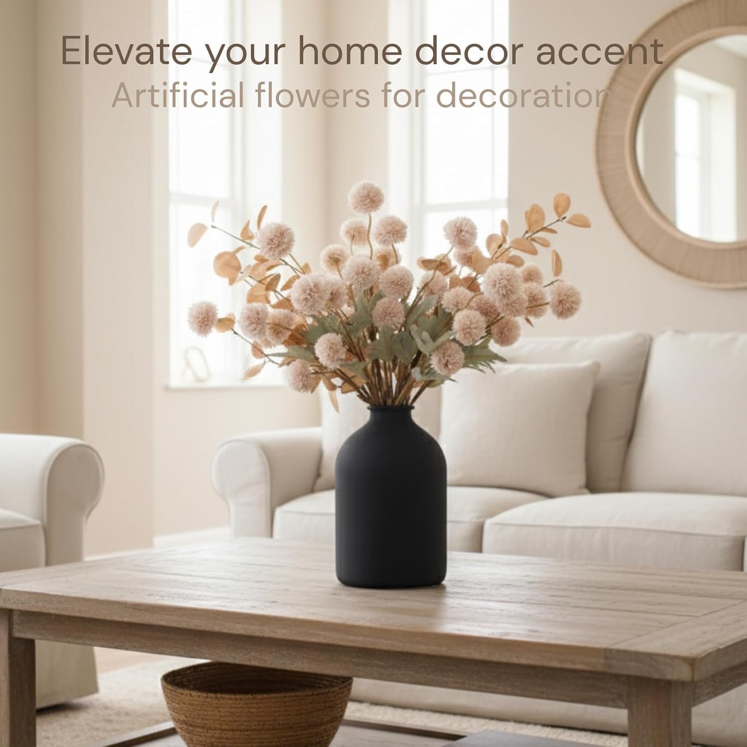 Wholesale Beige Silk Mum Artificial Flowers 10 Long Stems with Eucalyptus Faux Chrysanthemum Pom Pom Floral Arrangement Vase Centerpiece Supplier