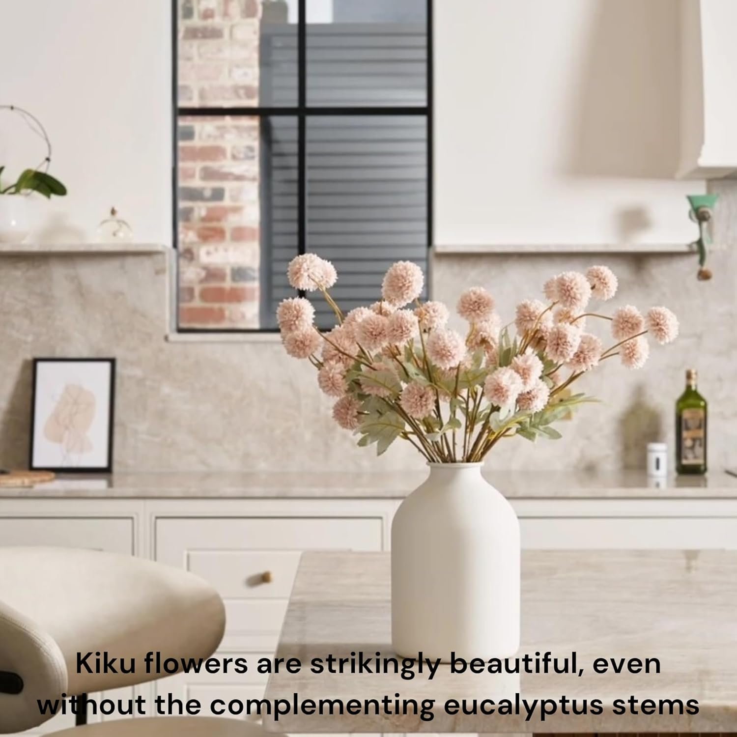 Wholesale Beige Silk Mum Artificial Flowers 10 Long Stems with Eucalyptus Faux Chrysanthemum Pom Pom Floral Arrangement Vase Centerpiece Supplier