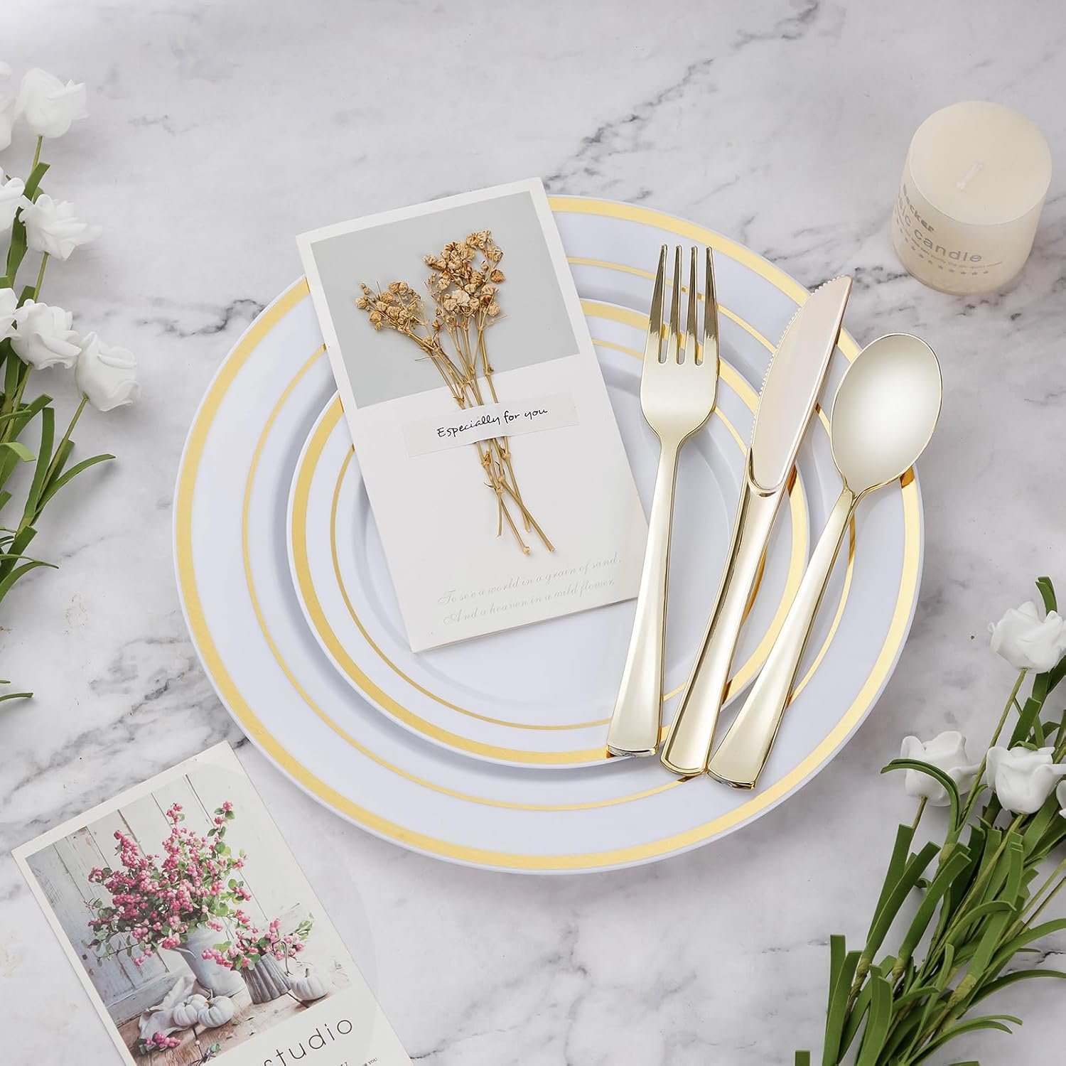 Wholesale 600PCS Gold Dinnerware Set for 100 Guests 100 Gold Disposable Plates 100 Dessert Plates 100 Cups 100 Spoons 100 Forks 100 Knives Plastic Party Supplier Wholesale 600PCS Gold Dinnerware Set for 100 Guests 100 Gold Disposable Plates 100 Dessert Plates 100 Cups 100 Spoons 100 Forks 100 Knives Plastic Party Supplier