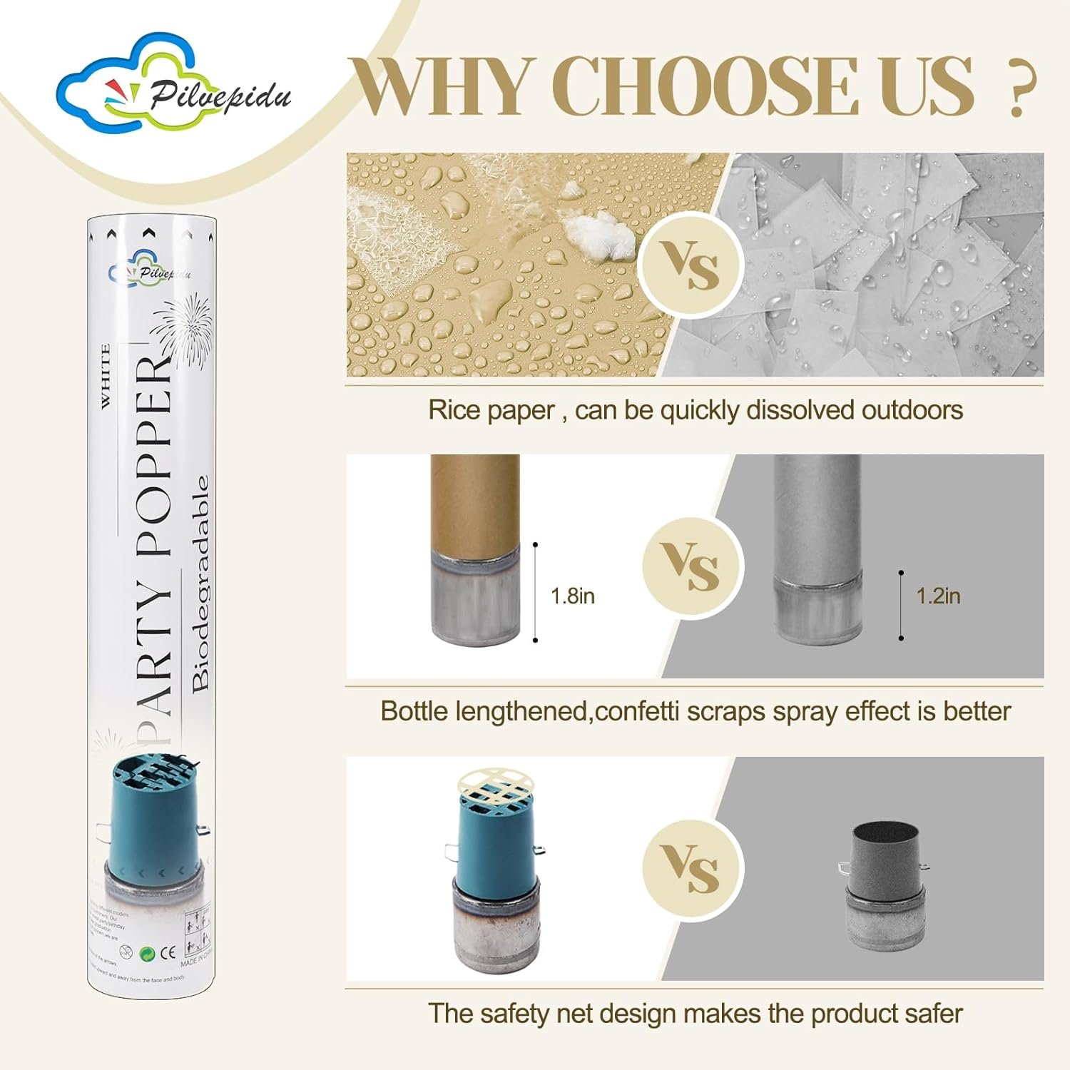 Wholesale 6 Pack Biodegradable White Rice Paper Confetti Poppers Cannons Air Power Shooters for Weddings Birthdays Lawns Outdoor Celebrations Supplier