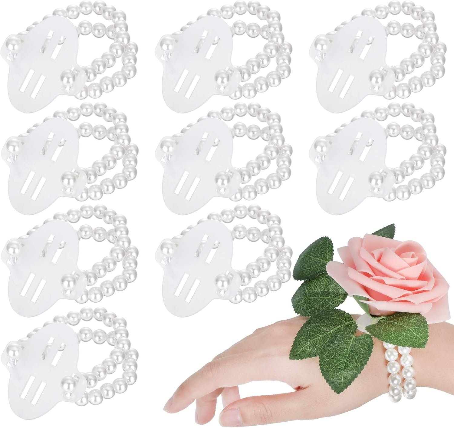 Hicarer 24 Pieces Corsage Wristlet Elastic Pearl Wrist Bands Wedding Wrist DIY Faux Flowers Decor for Wedding Festival Beach Party