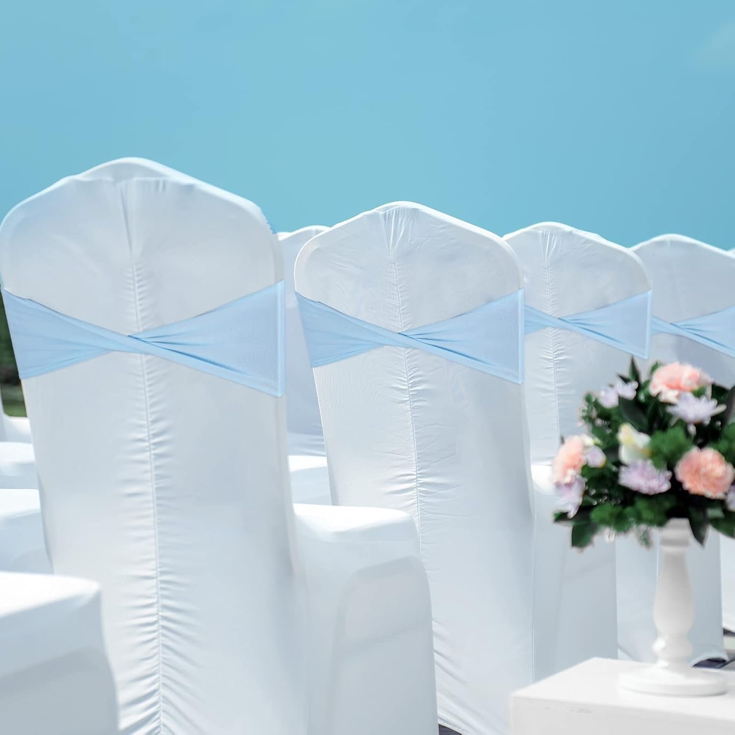 Wholesale 50 Pcs Spandex Chair Sashes Without Buckle Plain Stretch Bow Elastic Bands for Baby Shower Wedding Banquet Hotel Party Events Decoration Blue Supplier