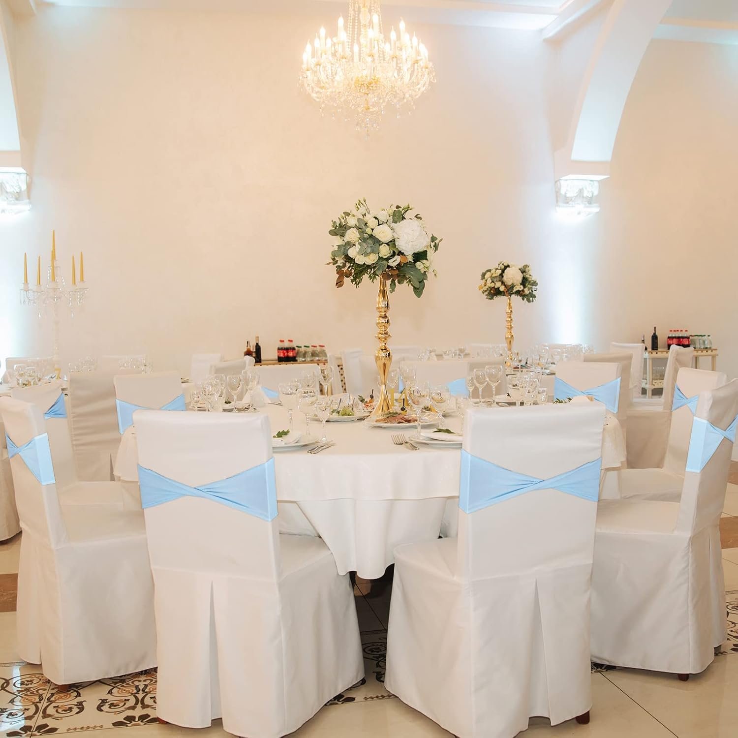 Wholesale 50 Pcs Spandex Chair Sashes Without Buckle Plain Stretch Bow Elastic Bands for Baby Shower Wedding Banquet Hotel Party Events Decoration Blue Supplier