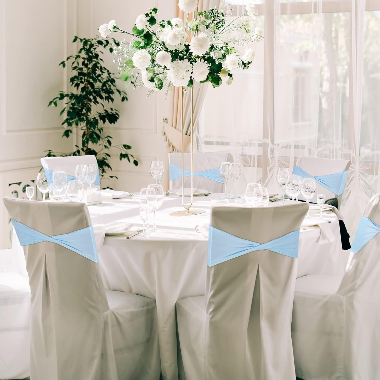 Wholesale 50 Pcs Spandex Chair Sashes Without Buckle Plain Stretch Bow Elastic Bands for Baby Shower Wedding Banquet Hotel Party Events Decoration Blue Supplier