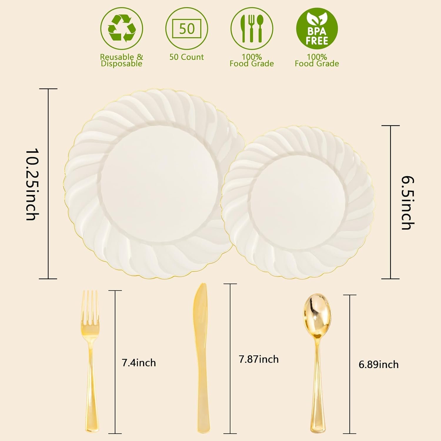 Wholesale 125PCS Ivory Scalloped Disposable Plastic Plates Gold Dinnerware Set 50 Plates 75 Gold Silverware Party Wedding Supplier