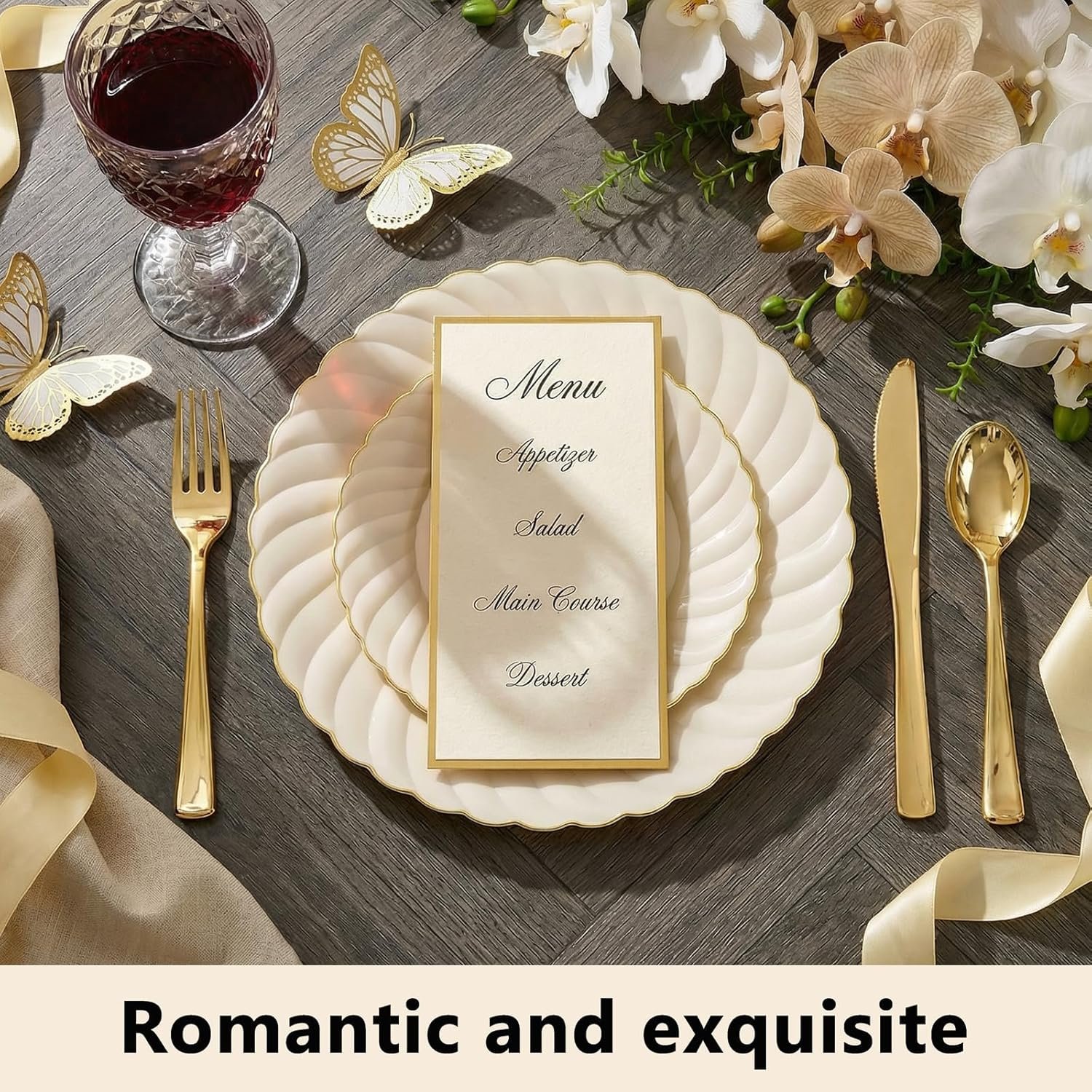 Wholesale 125PCS Ivory Scalloped Disposable Plastic Plates Gold Dinnerware Set 50 Plates 75 Gold Silverware Party Wedding Supplier