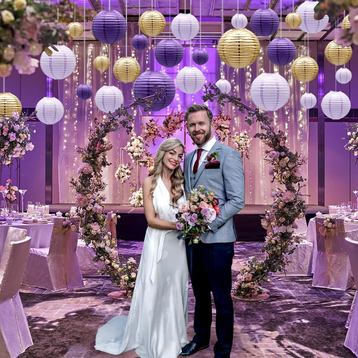 Wholesale Decorative Round Hanging Paper Lanterns Party Supplies Graduation Bachelorette Gender Neutral Baby Shower Birthday Decorations Purple Lavender Gold 21pcs Supplier