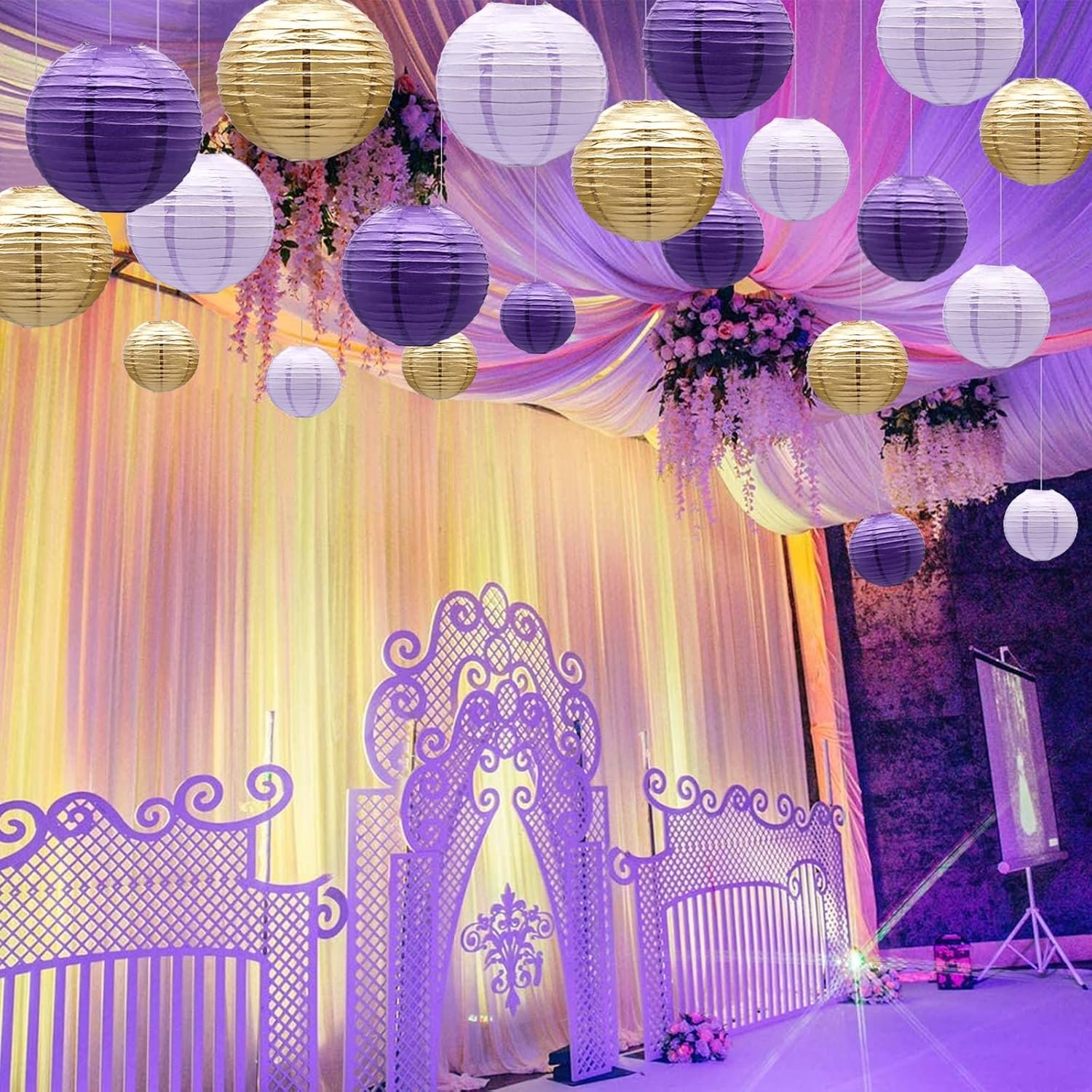 Wholesale Decorative Round Hanging Paper Lanterns Party Supplies Graduation Bachelorette Gender Neutral Baby Shower Birthday Decorations Purple Lavender Gold 21pcs Supplier