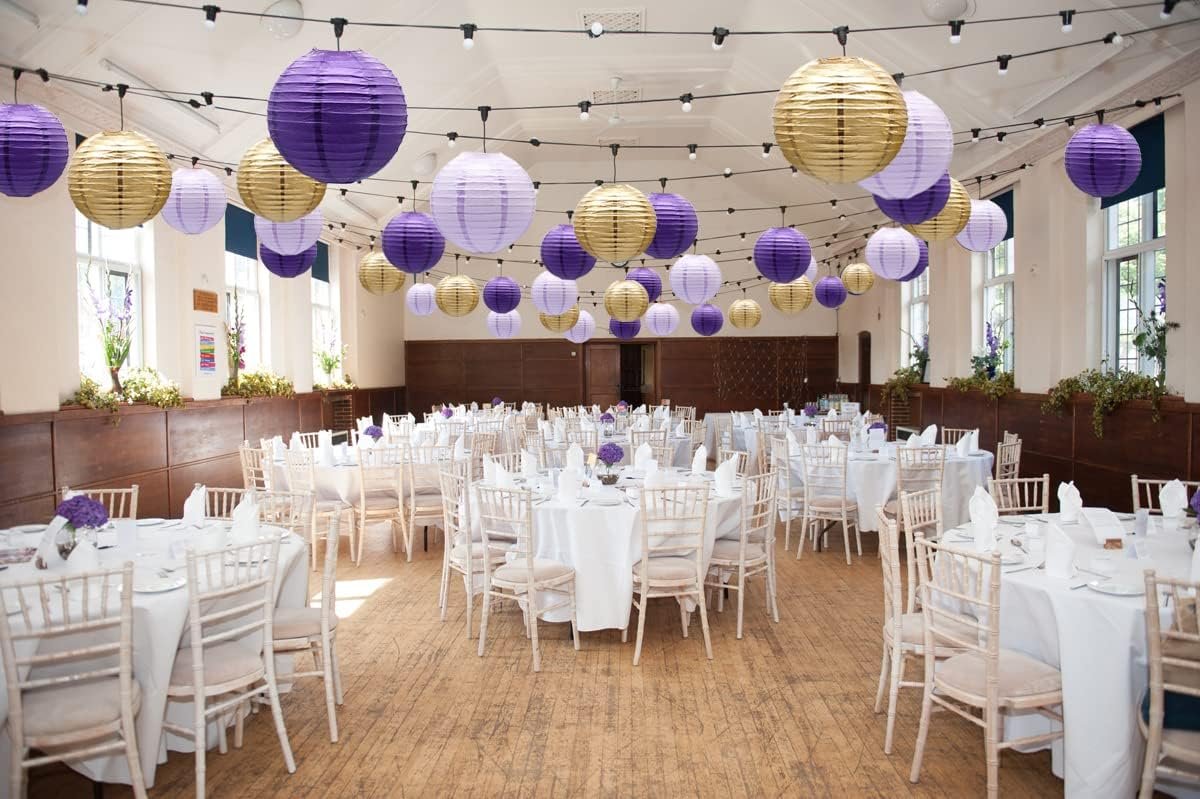 Wholesale Decorative Round Hanging Paper Lanterns Party Supplies Graduation Bachelorette Gender Neutral Baby Shower Birthday Decorations Purple Lavender Gold 21pcs Supplier